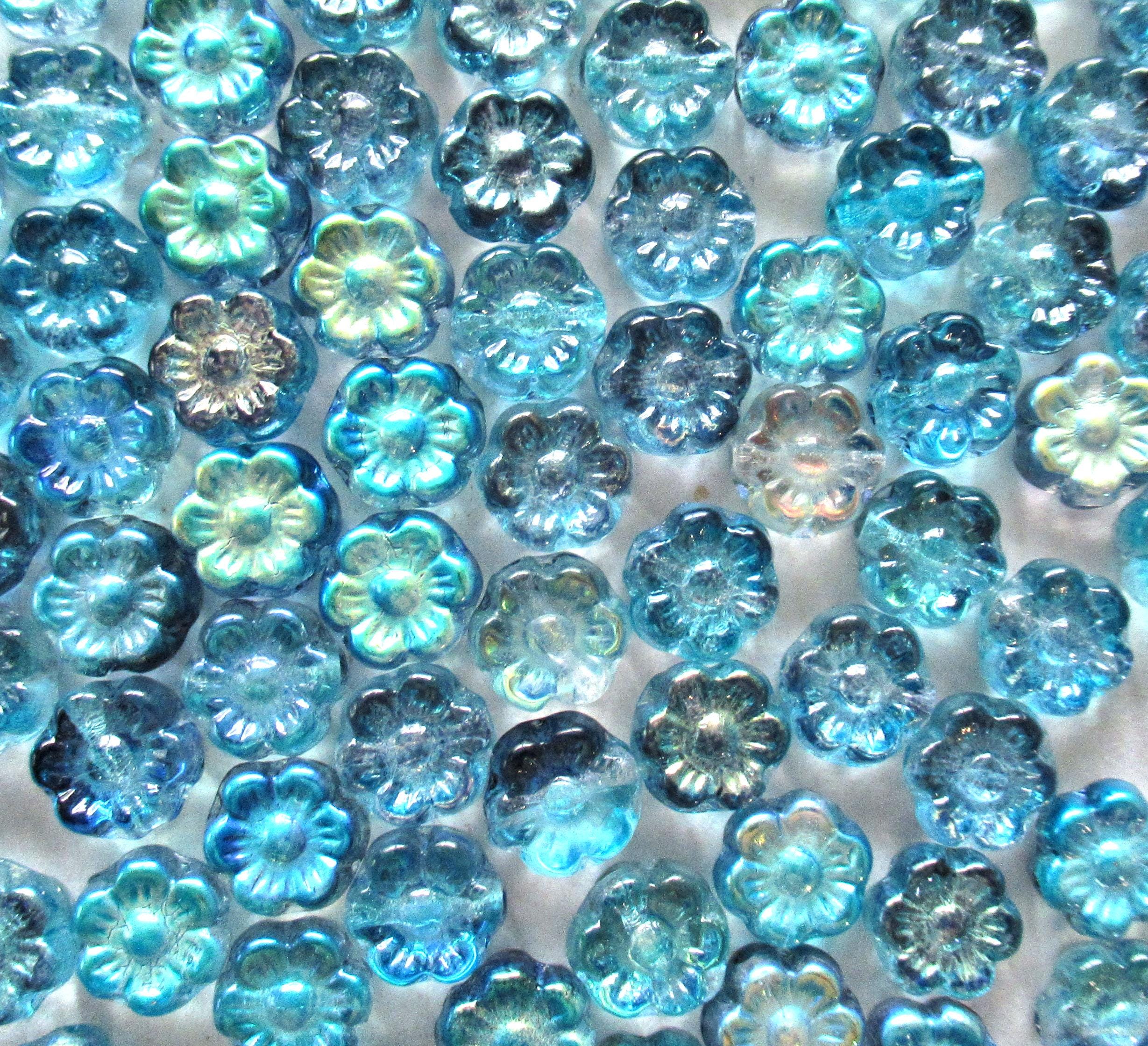25 6mm small Czech glass flower beads - transparent blue mix with an ab finish - pressed glass floral beads - C0068