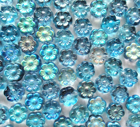 25 6mm small Czech glass flower beads - transparent blue mix with an ab finish - pressed glass floral beads - C0068