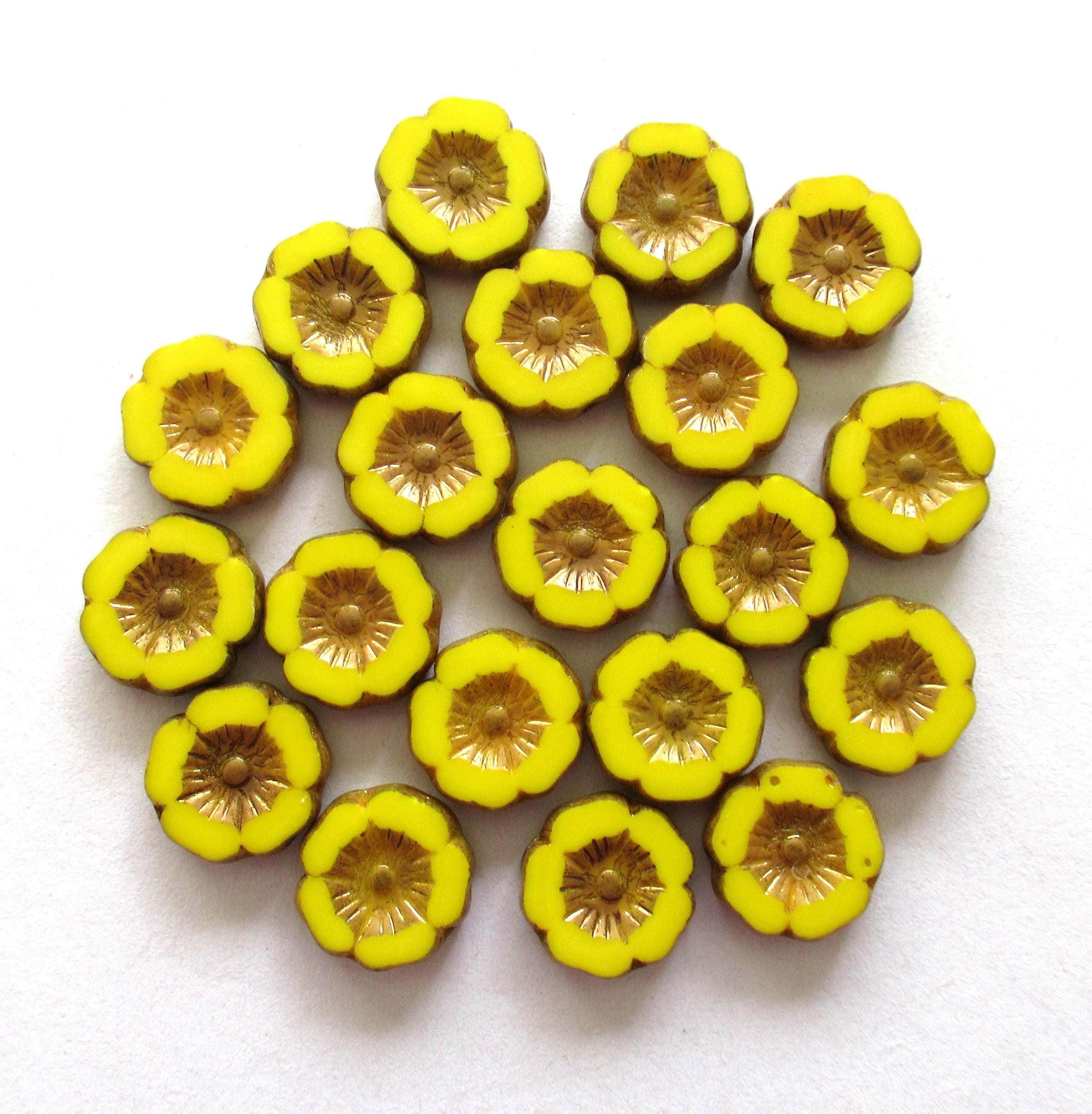 Ten 12mm Czech glass flower beads - opaque bright yellow with bronze picasso accents - table cut carved Hawaiian floral beads C00291