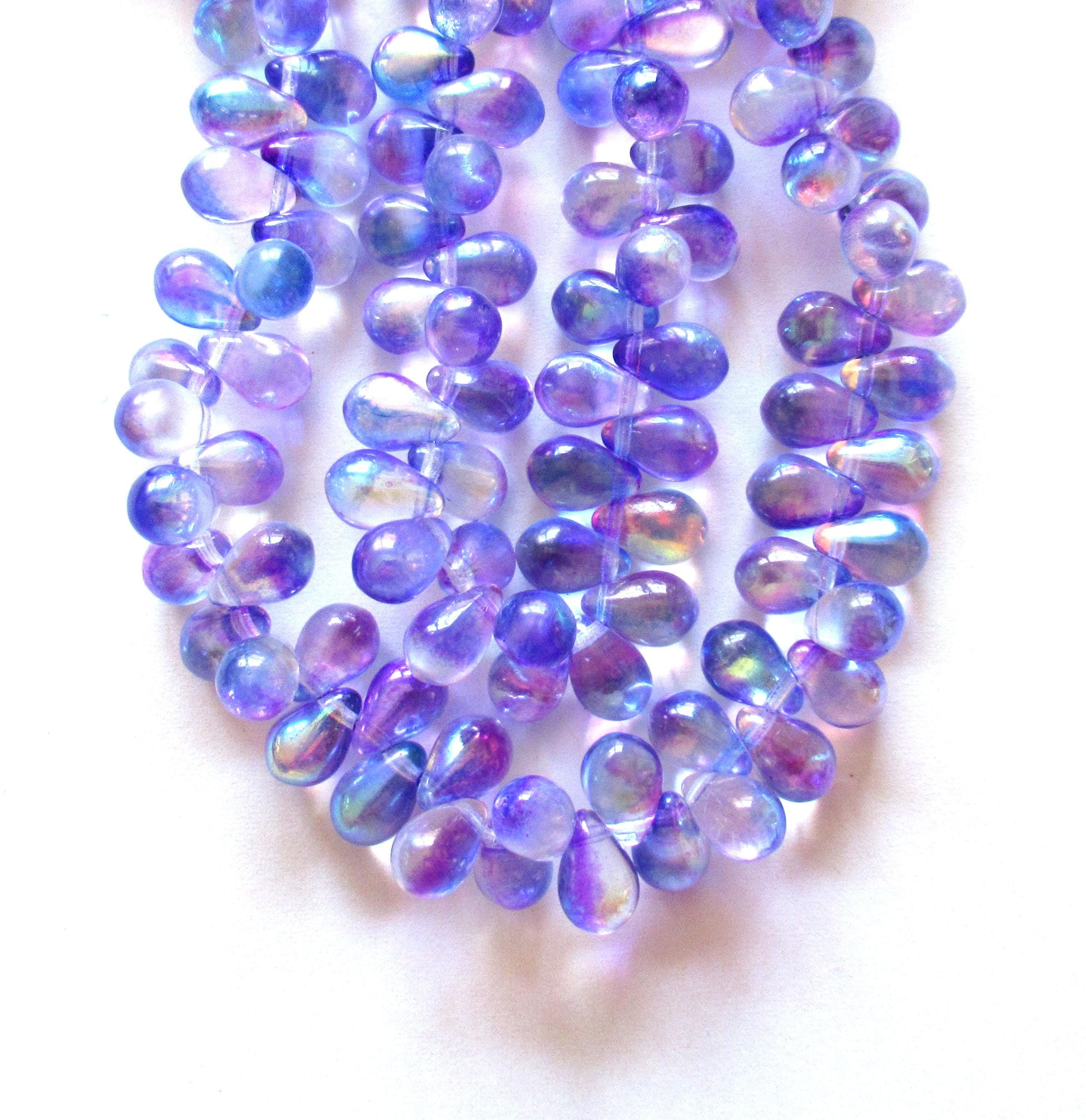 Lot of 25 Czech glass drop beads - side drilled - blue & purple AB mix - smooth teardrop beads - 9 x 6mm - C00221