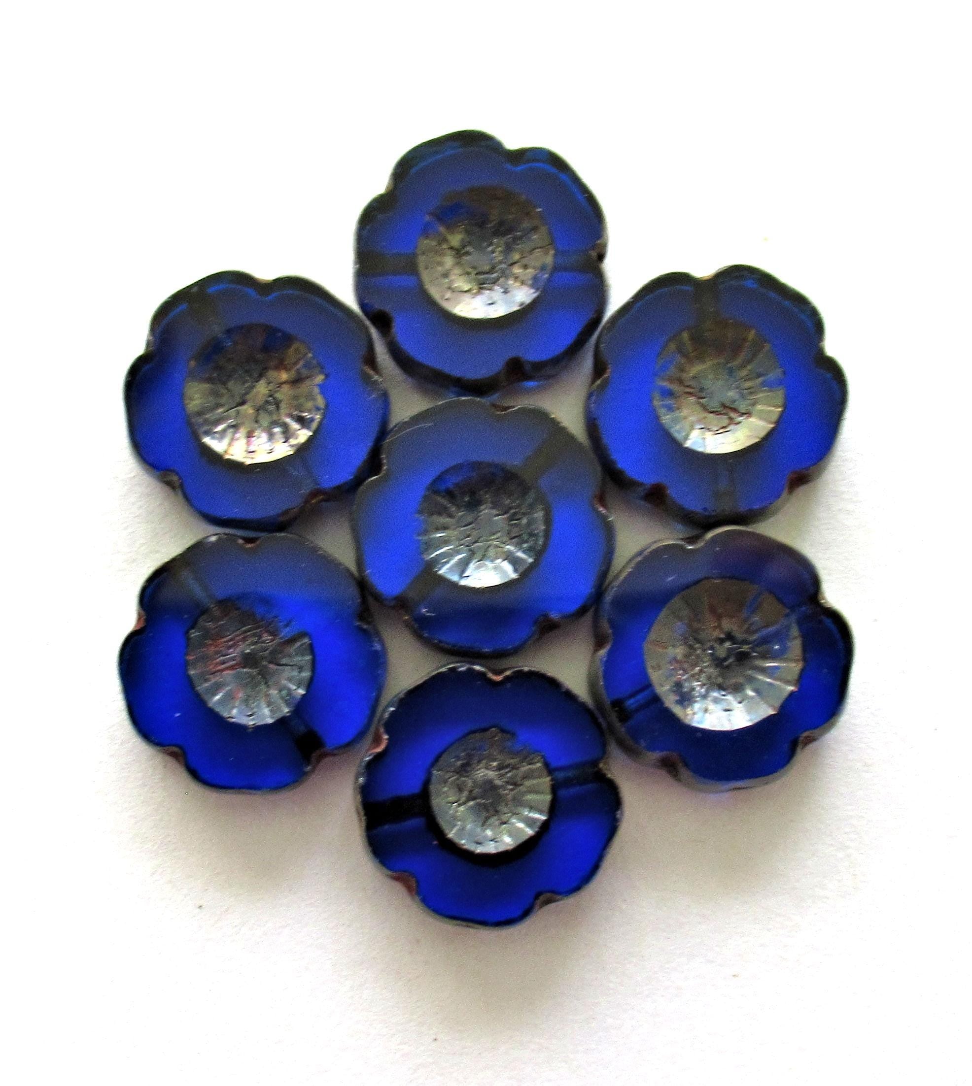 Six 14mm Czech glass flower beads - table cut carved cobalt blue picasso Hawaiian hibiscus flowers - C00021