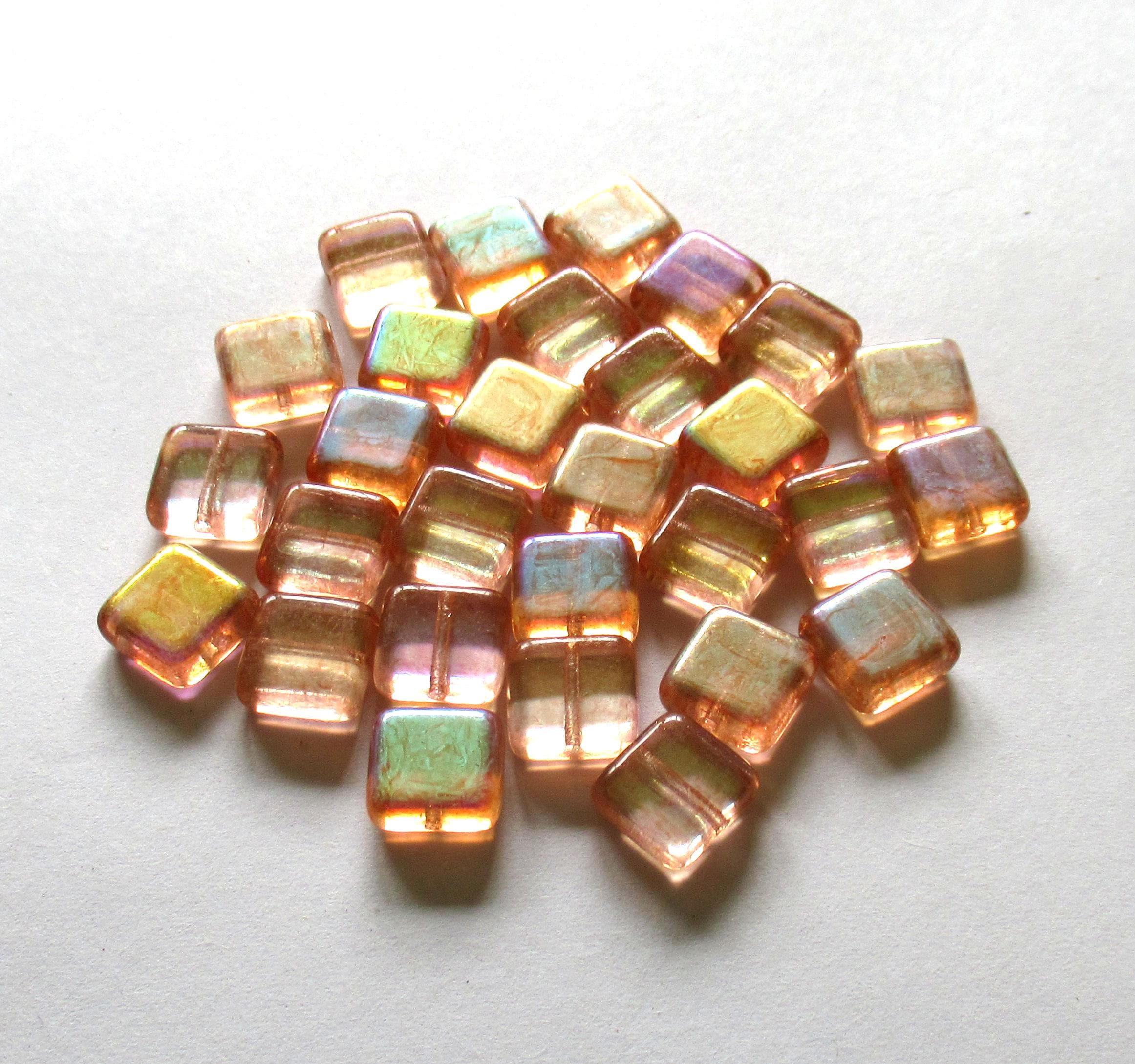 Ten large square Czech glass beads - 11mm - light orange or peach w/ an iridescent ab finish - C001