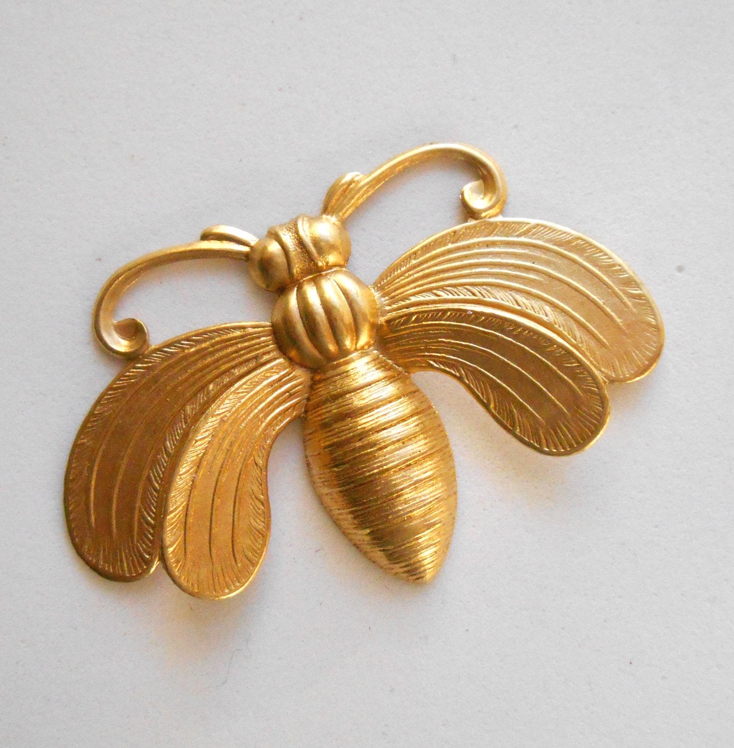 Large Raw Brass Stamping Moth, Bee, Bug, Insect Charm, Pendant, Component, Connector 49 x 34mm, made in the USA C4601 - Glorious Glass Beads