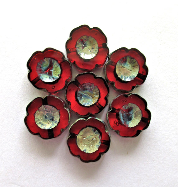 Six 14mm Czech glass flower beads - transparent garnet ruby red picasso beads - table cut & carved Hawaiian hibiscus floral beads - C00021