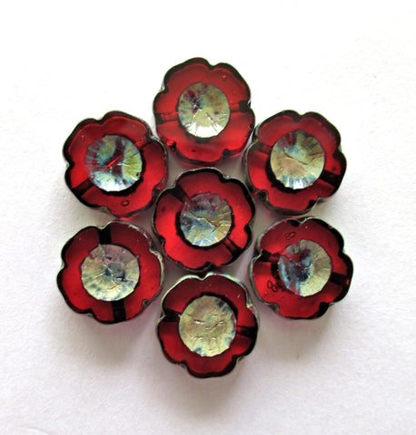 Six 14mm Czech glass flower beads - transparent garnet ruby red picasso beads - table cut & carved Hawaiian hibiscus floral beads - C00021