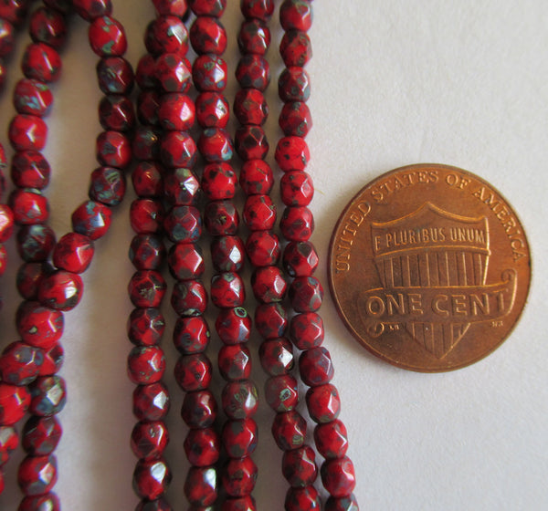 Fifty 3mm Czech Opaque Red Picasso glass round faceted firepolished beads, C1550