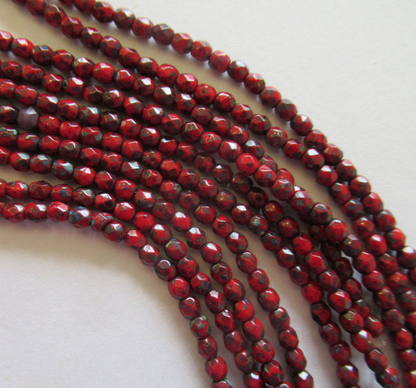 Fifty 3mm Czech Opaque Red Picasso glass round faceted firepolished beads, C1550