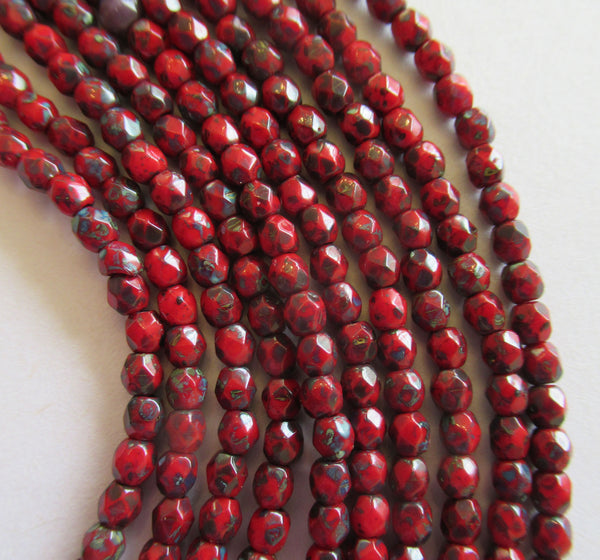 Fifty 3mm Czech Opaque Red Picasso glass round faceted firepolished beads, C1550