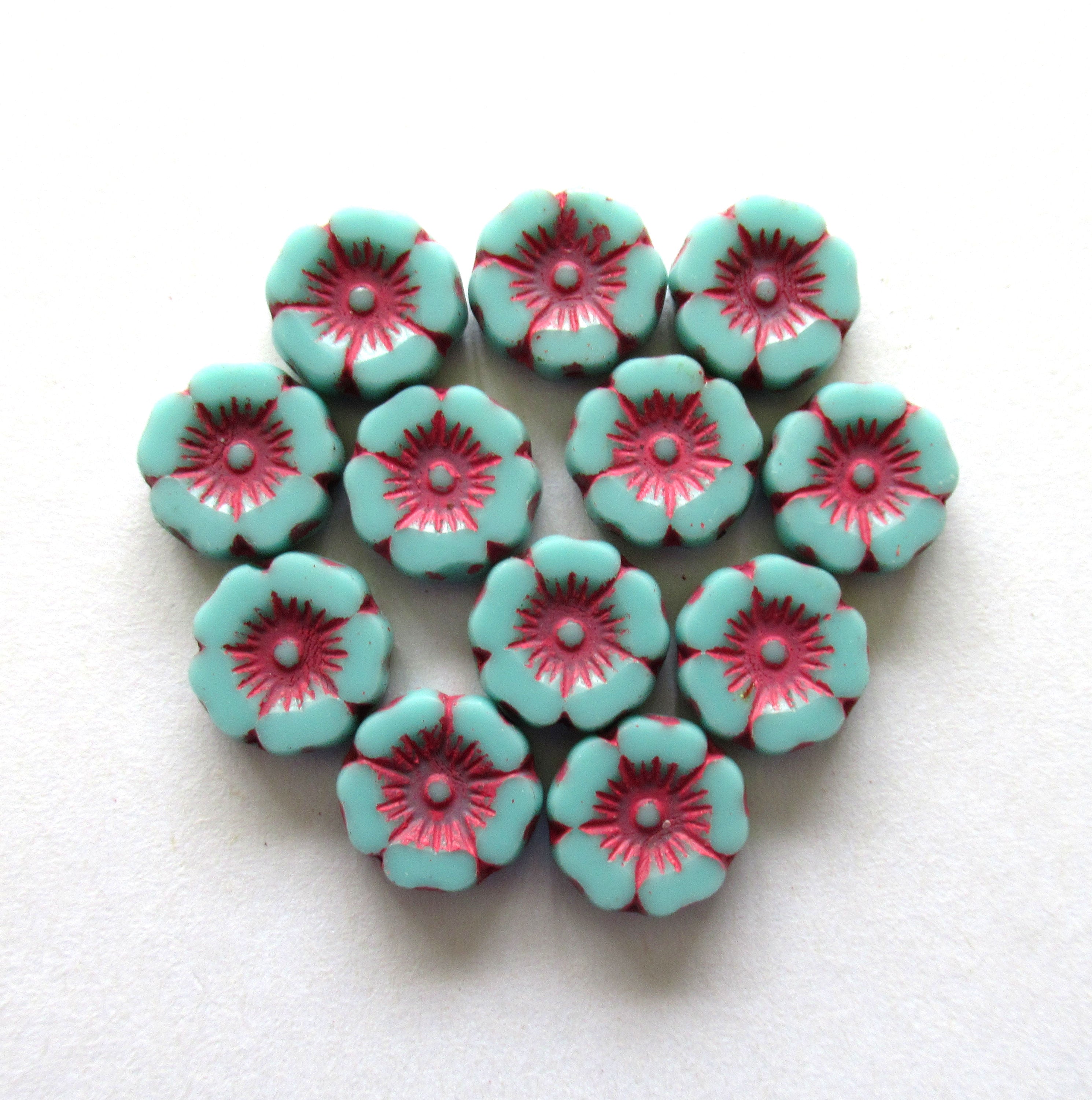 12 Czech glass flower beads - opaque sky blue with pink accents - 12mm table cut carved - Hawaiian Hibiscus floral beads C00542