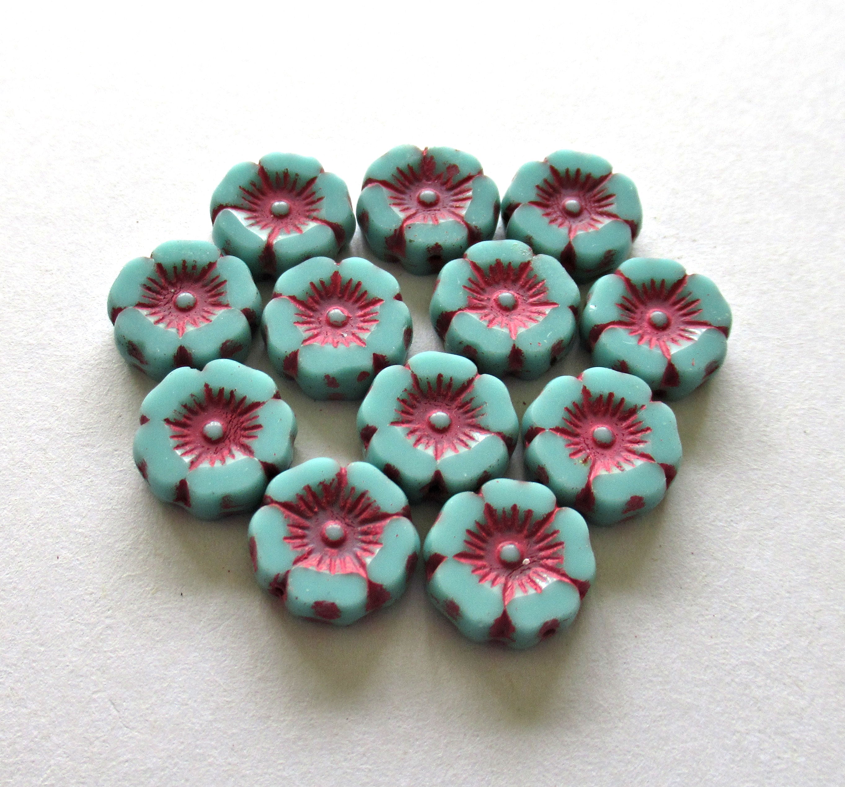 12 Czech glass flower beads - opaque sky blue with pink accents - 12mm table cut carved - Hawaiian Hibiscus floral beads C00542