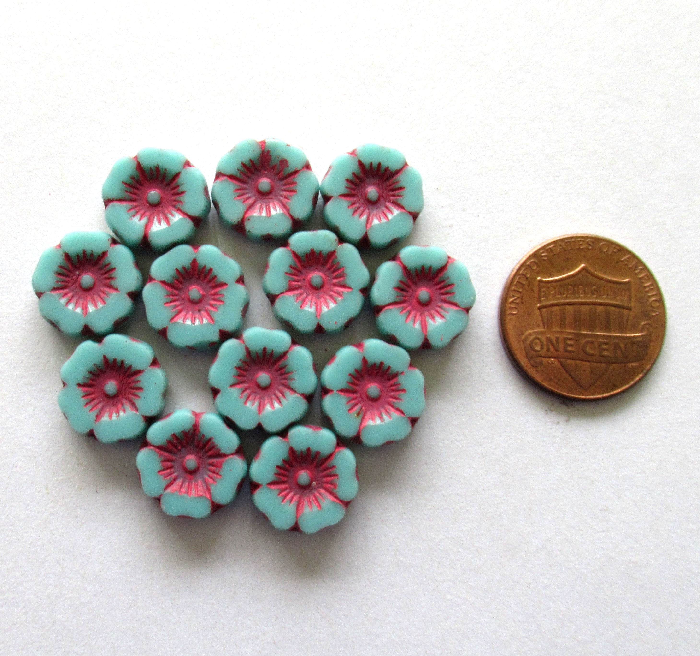 12 Czech glass flower beads - opaque sky blue with pink accents - 12mm table cut carved - Hawaiian Hibiscus floral beads C00542