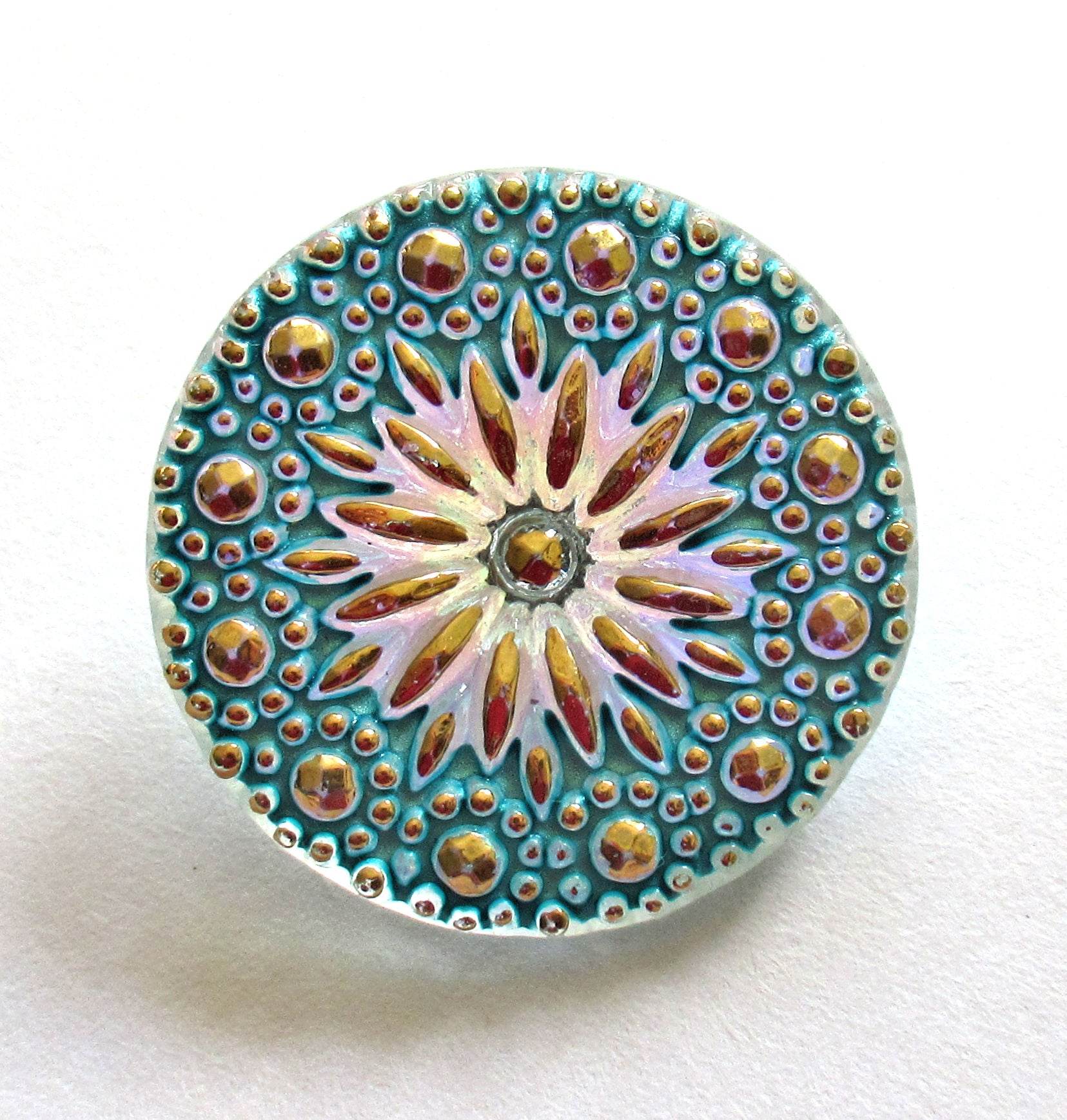 One 22mm Czech glass button - milky white & gold starburst with a verdigris blue green wash - decorative shank button 52301