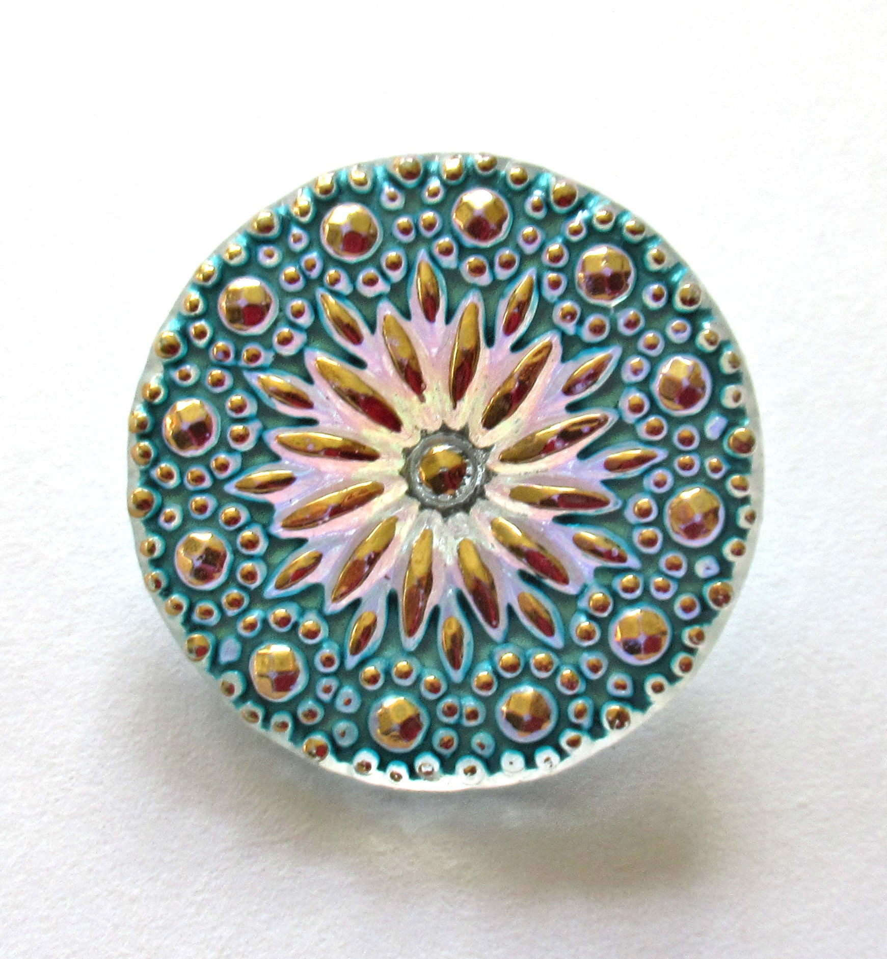One 22mm Czech glass button - milky white & gold starburst with a verdigris blue green wash - decorative shank button 52301