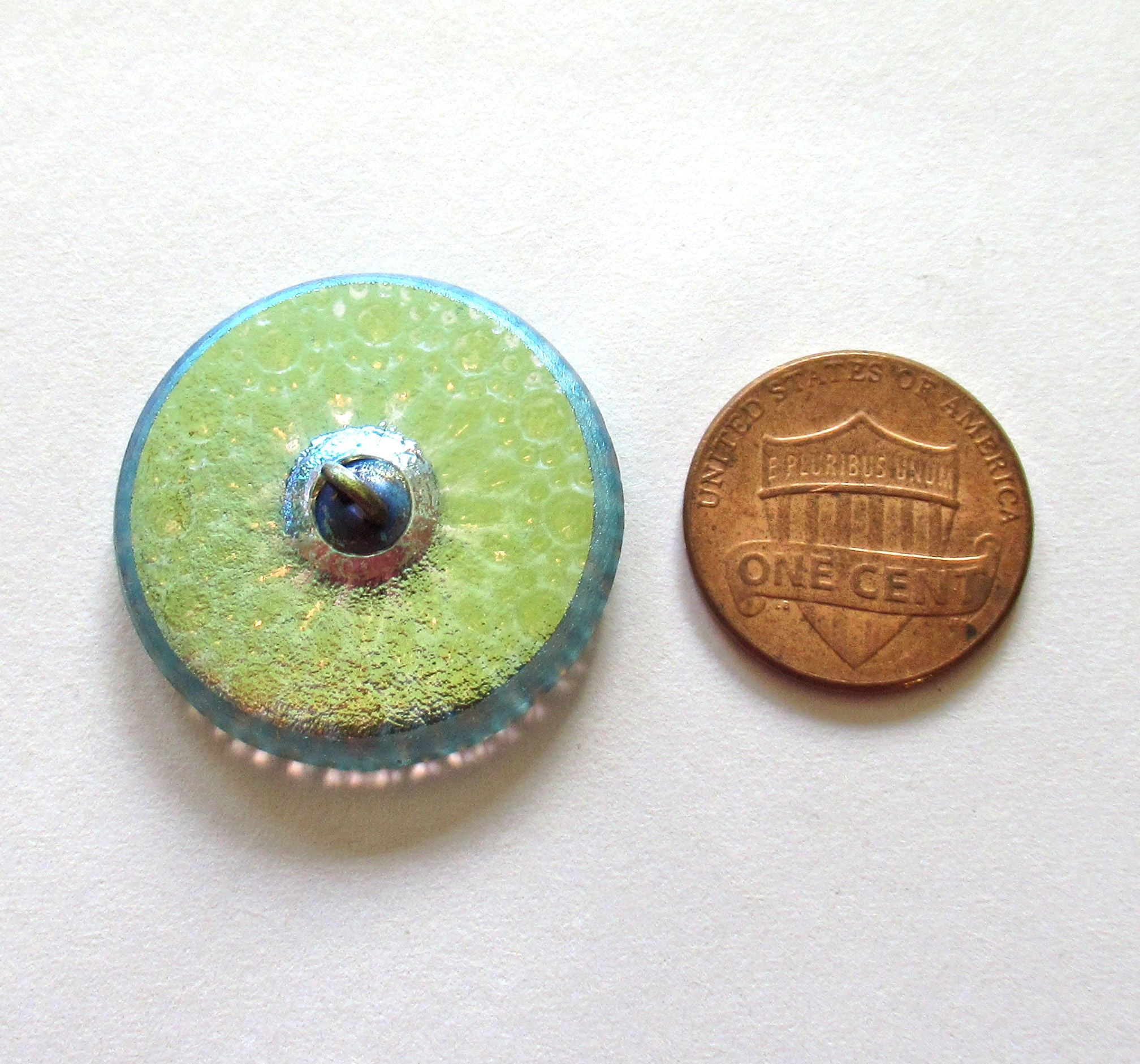 One 22mm Czech glass button - milky white & gold starburst with a verdigris blue green wash - decorative shank button 52301