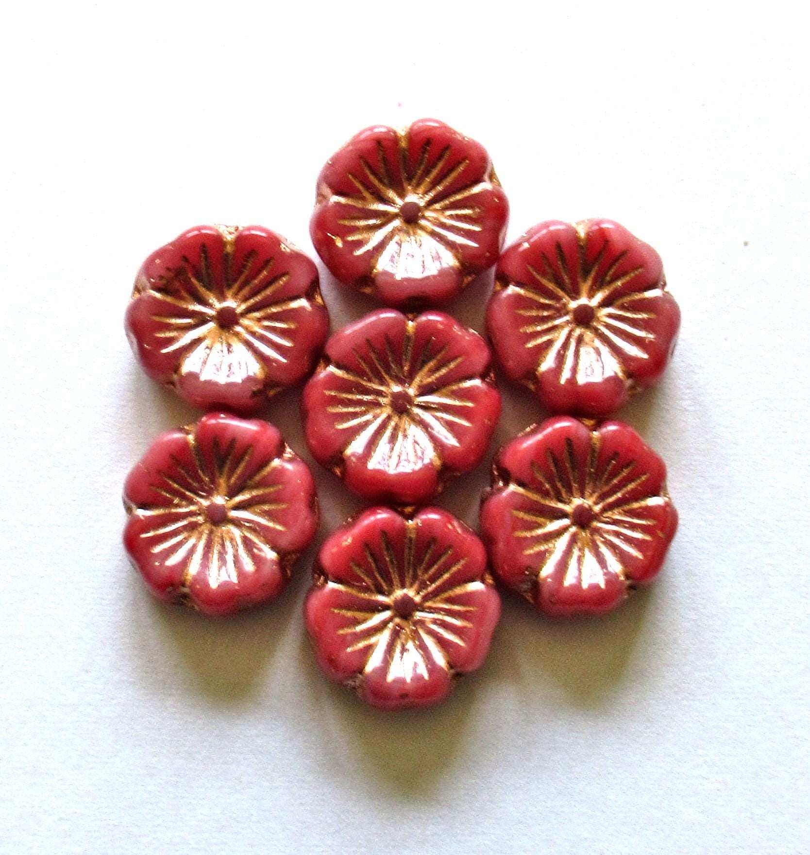 Six Czech glass flower beads - 14mm - light & dark pink mix w/ copper accents - Hawaiian hibiscus flower beads - C00061