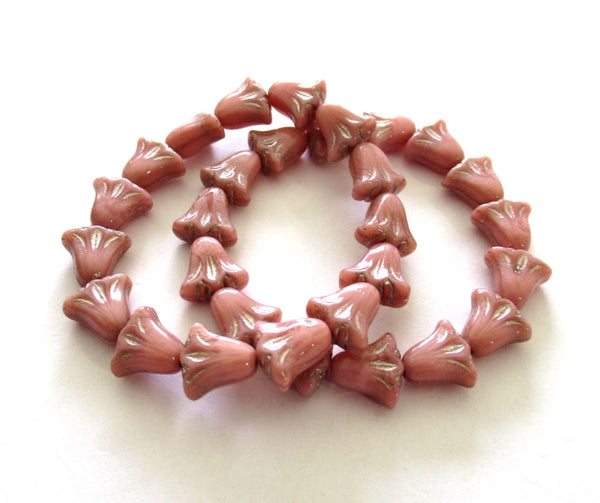 15 Czech glass flower beads - 9 x 10mm opaque pink silk with a silver wash - lily flower beads C00071