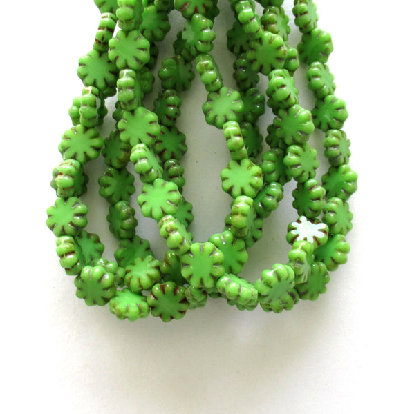 15 Czech glass flower beads - bright green picasso beads - 9mm - table cut cactus flower beads - C00261