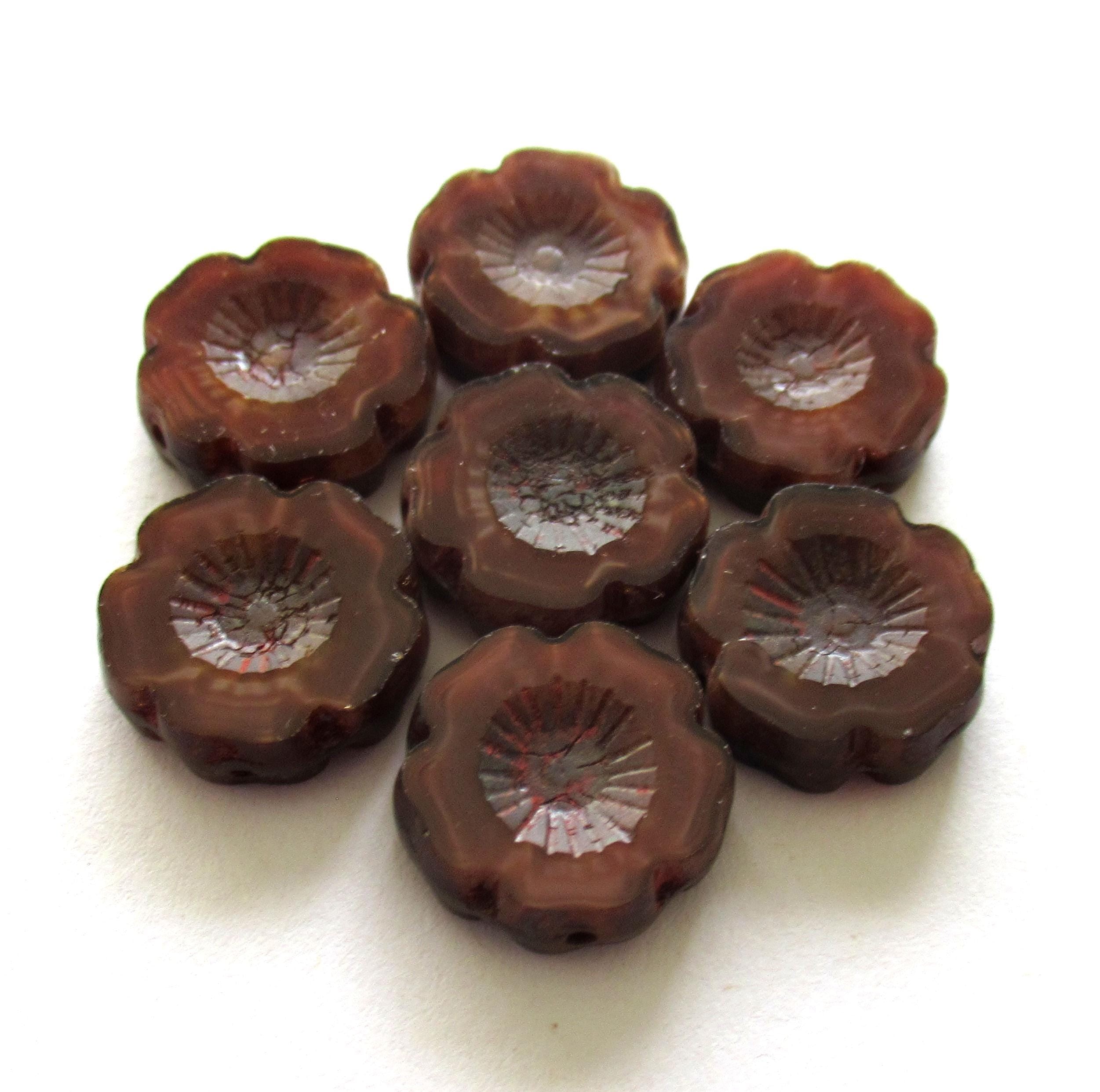 Six Czech glass flower beads - 14mm - dark reddish brown or burgundy picasso - table cut carved -Hawaiian hibiscus flowers - C00021