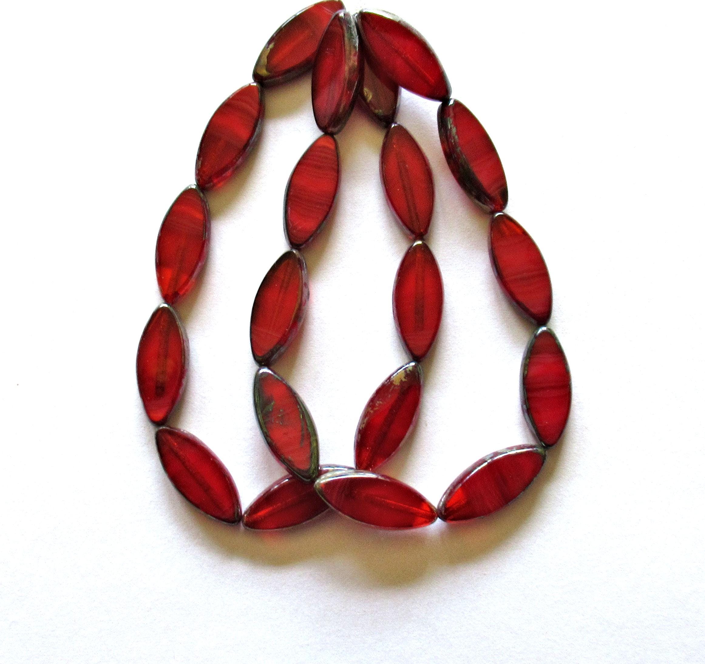 Ten Czech glass spindle beads - 18 x 7mm - opaque & transparent red silk - table cut almond shaped tube beads C00113