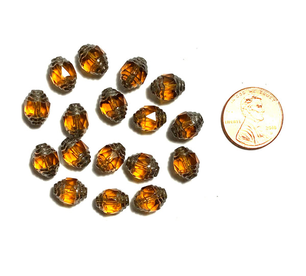15 Czech glass fire polished faceted fancy antique cut oval cathedral beads - 10 x 8mm topaz brown beads with silver accents - C0058