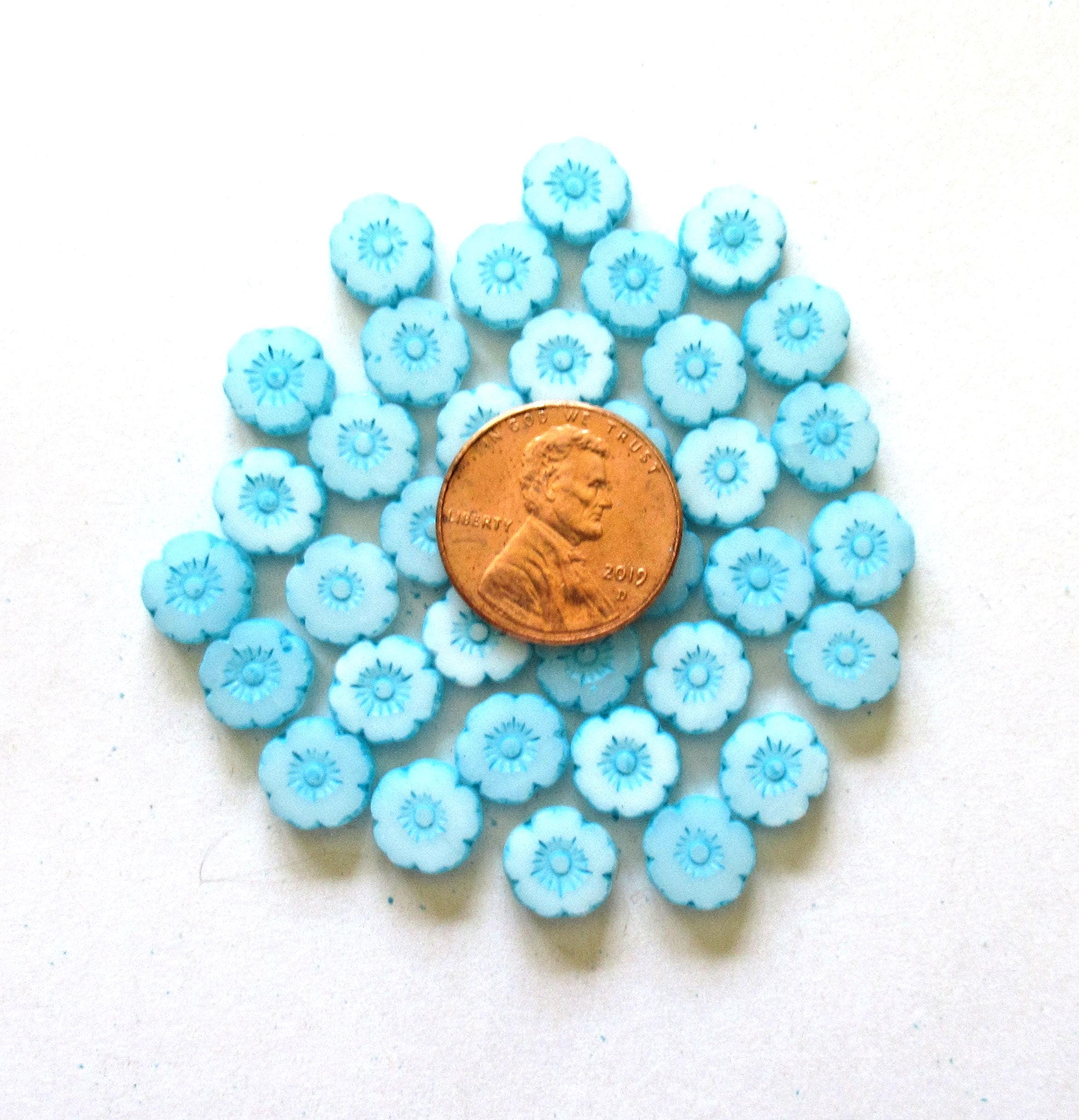 15 Czech glass flower beads - 8mm - milky white w/ a baby blue wash - table cut - carved - Hawaiian hibiscus flower beads C00541