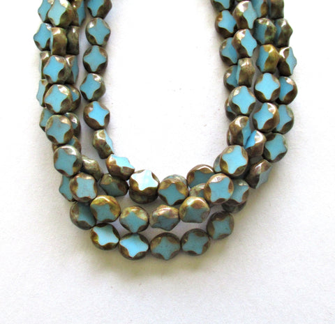 15 Czech glass oval beads - 9 x 8mm - opaque turquoise blue picasso beads - carved table cut beads with a diamond pattern - C0251