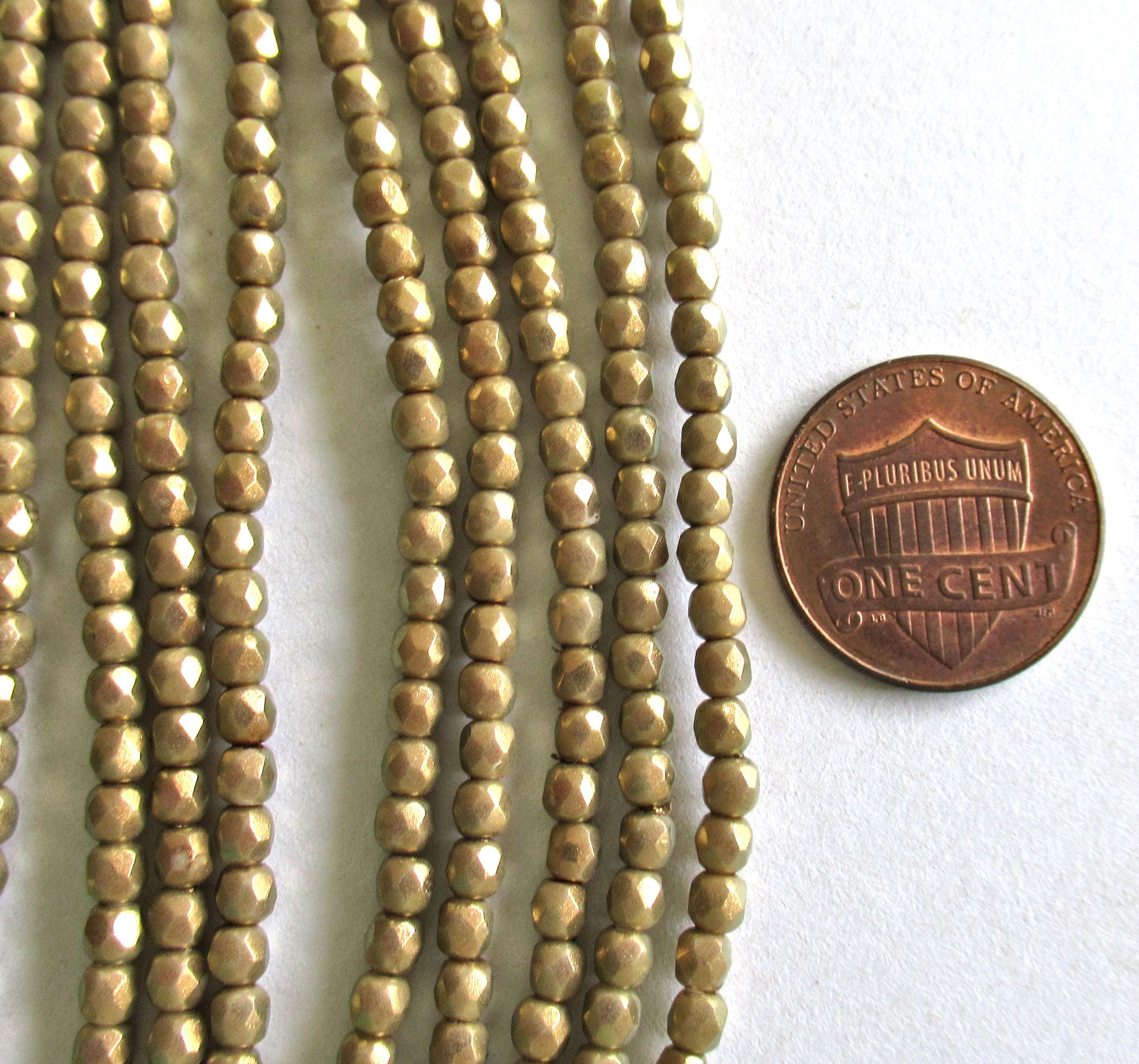 50 3mm Halo Ethereal Linen Czech glass beads - opaque neutral khaki or tan beads w/ gold finish - faceted fire polished round beads - C0008
