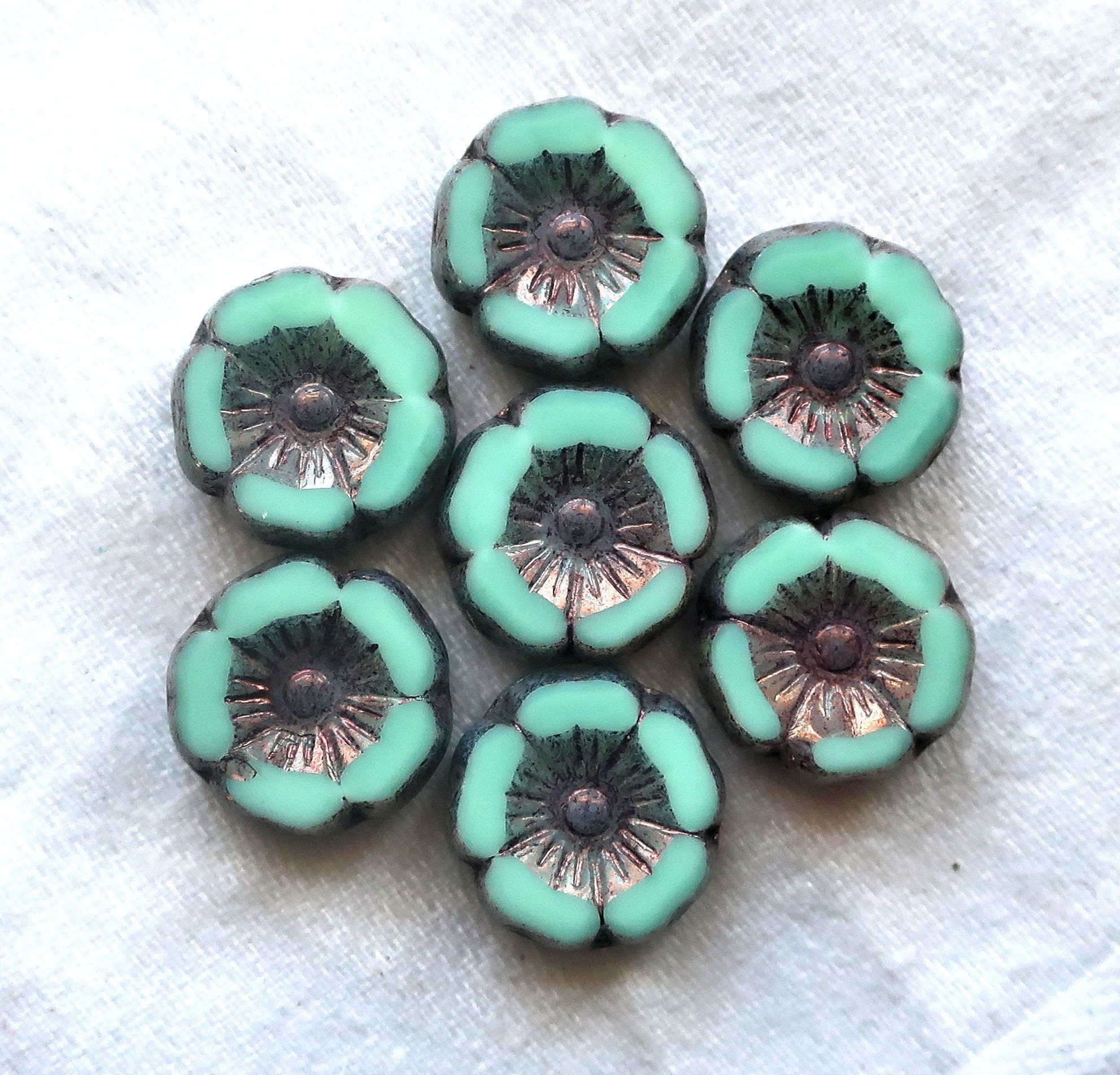 8 Czech glass flower beads - 12mm - mint green w/ a metallic picasso finish - table cut Hawaiian hibiscus floral beads - C05201