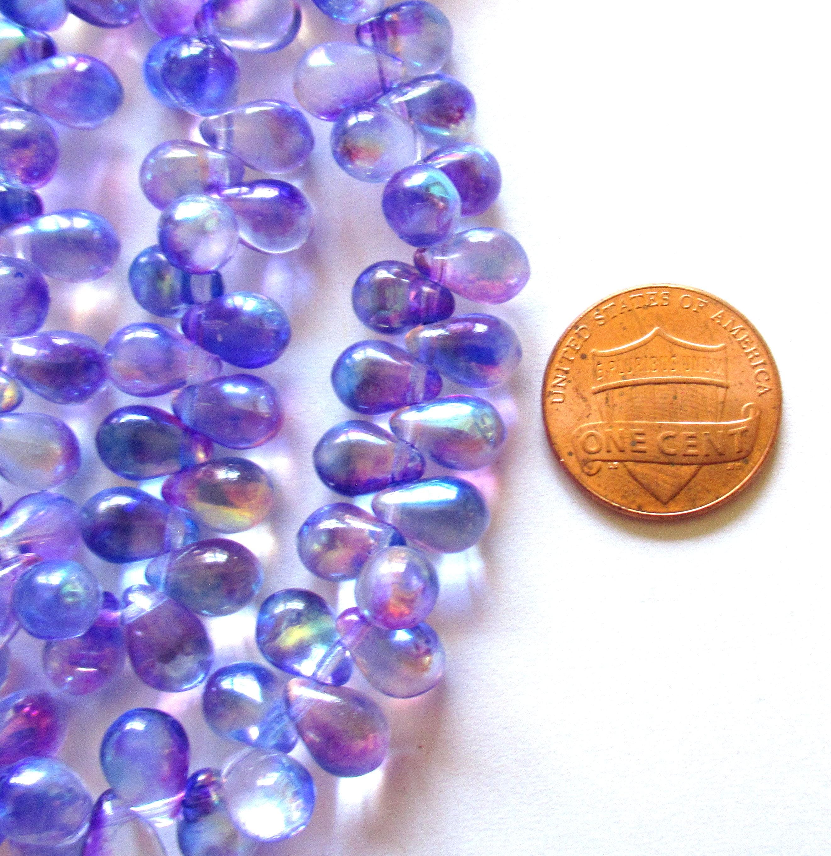 Lot of 25 Czech glass drop beads - side drilled - blue & purple AB mix - smooth teardrop beads - 9 x 6mm - C00221