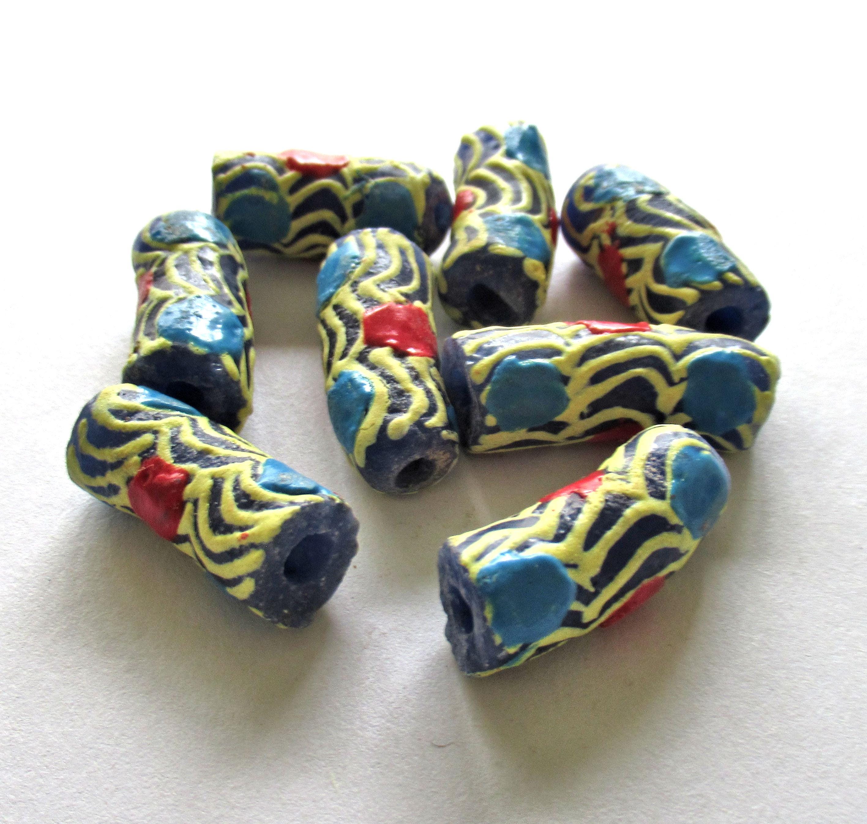 5 African Ghana glass curved tube beads - blue beads w/ a blue red & yellow pattern- 27 - 23mm by 9 - 11mm - big hole beads - C00861