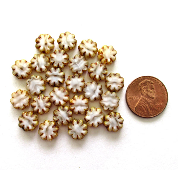 15 Czech glass flower beads - marbled white picasso beads - 9mm - table cut cactus flower beads - C00261