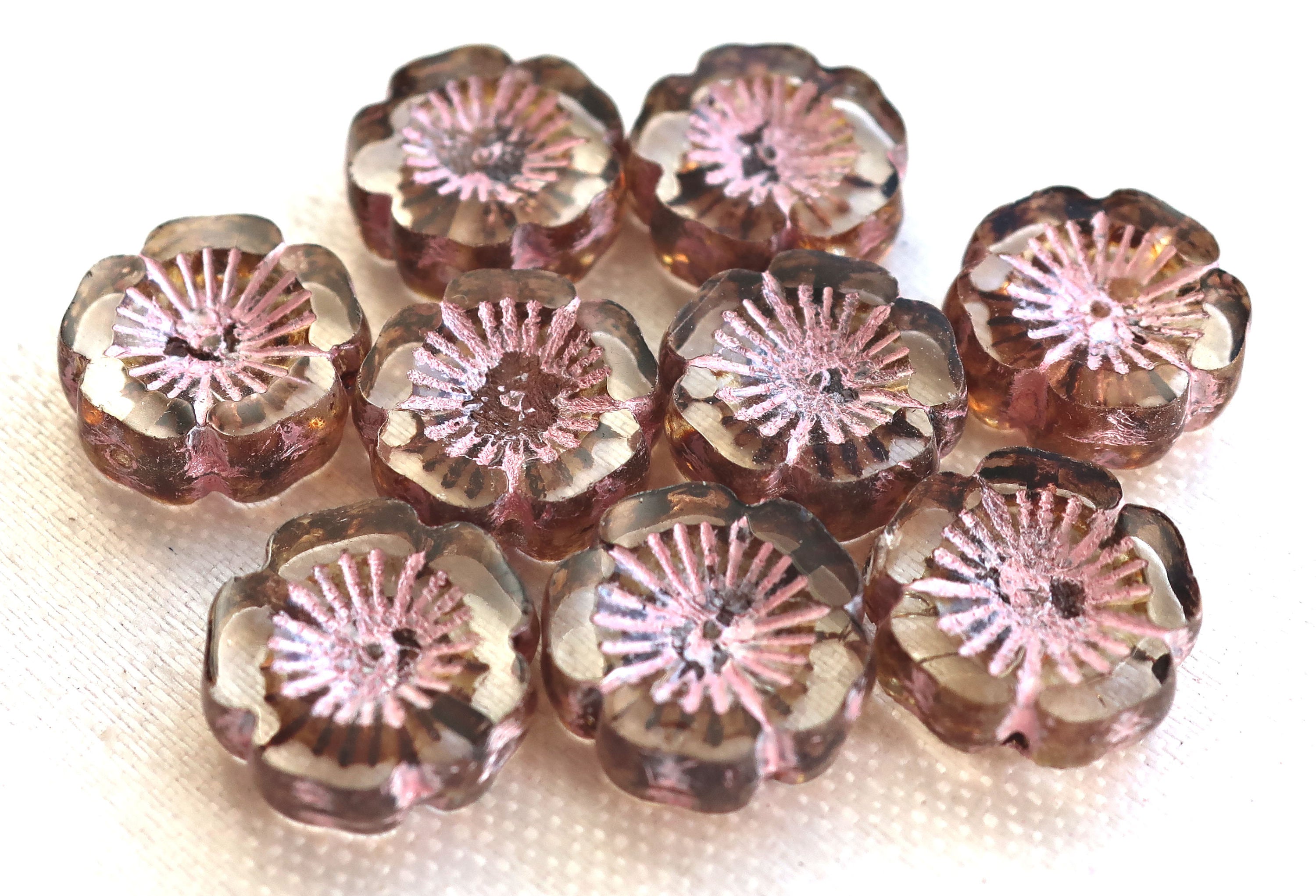 Five14mm table cut, carved, transparent crystal & pink picasso, Czech glass hibiscus Hawaiian flower beads, C61105