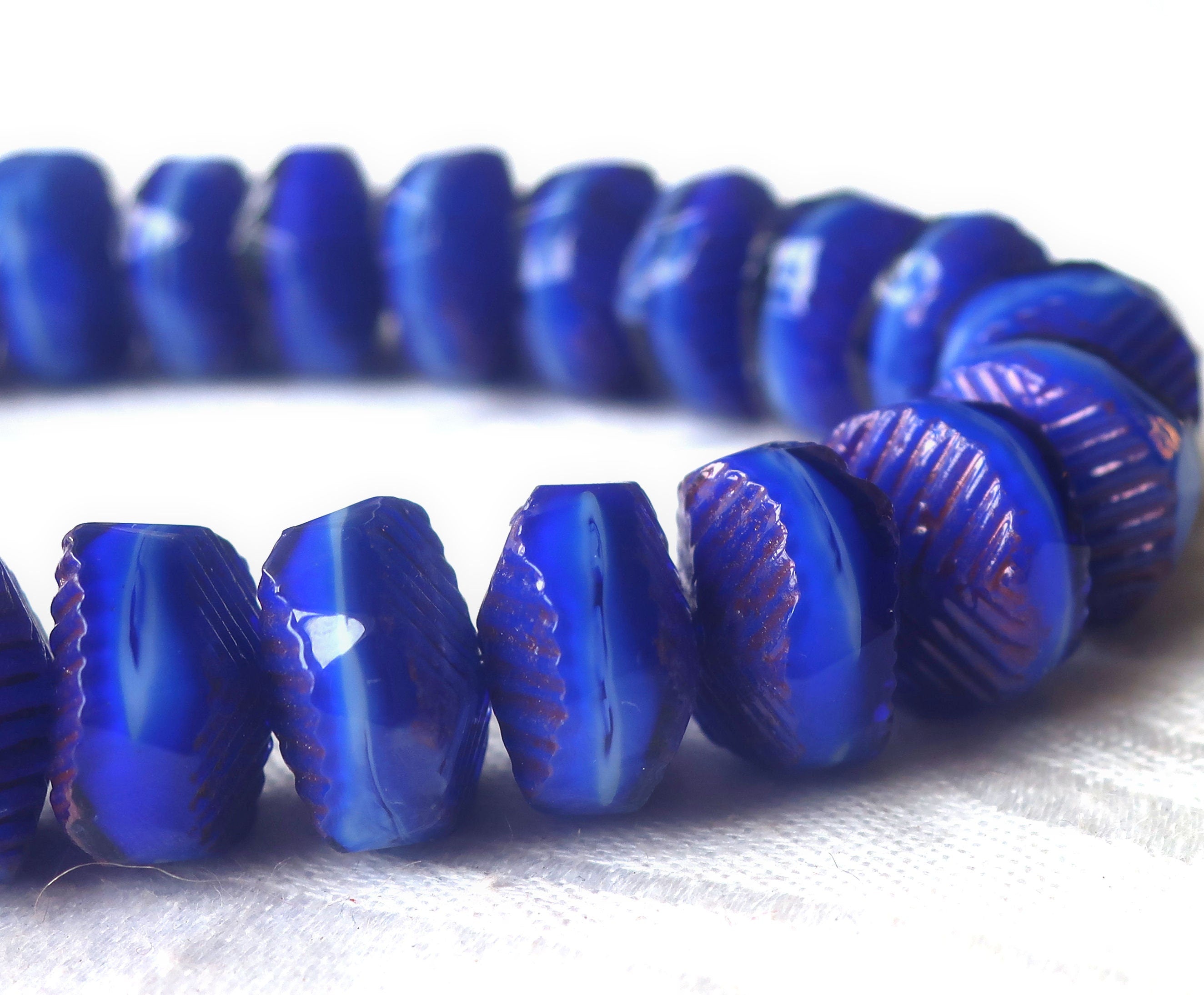 Six Czech glass faceted wavy rondelle beads - large 14 x 6mm royal blue & white with purple/bronze finish - chunky statement beads - C00991