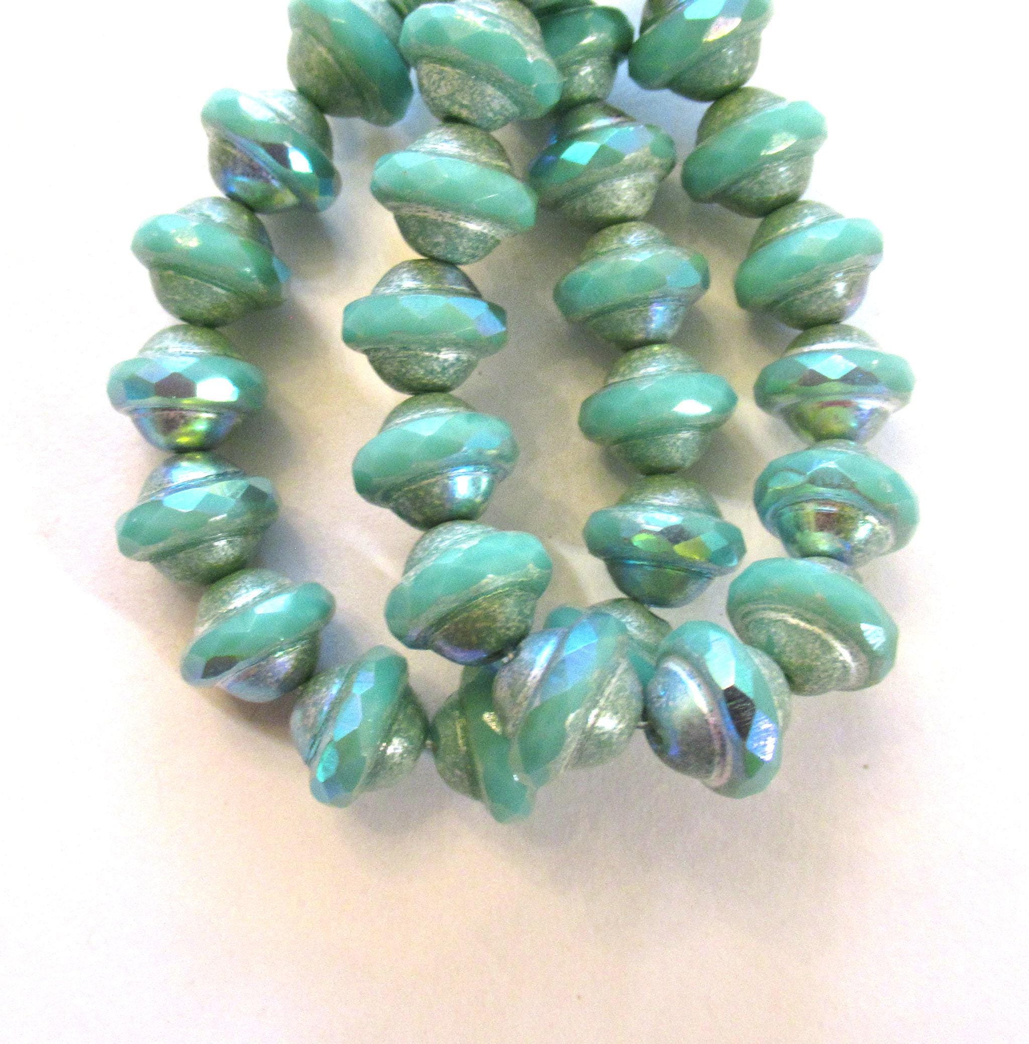 15 Czech glass saturn beads - opaque sea green beads w/ silver & ab accents - faceted saucer beads - 00542