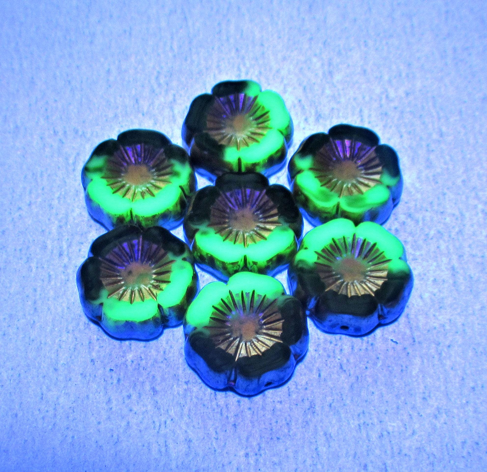 Five large Czech glass flower beads - 16mm - green mix vaseline glass - table cut & carved - Hawaiian hibiscus flowers - C00522