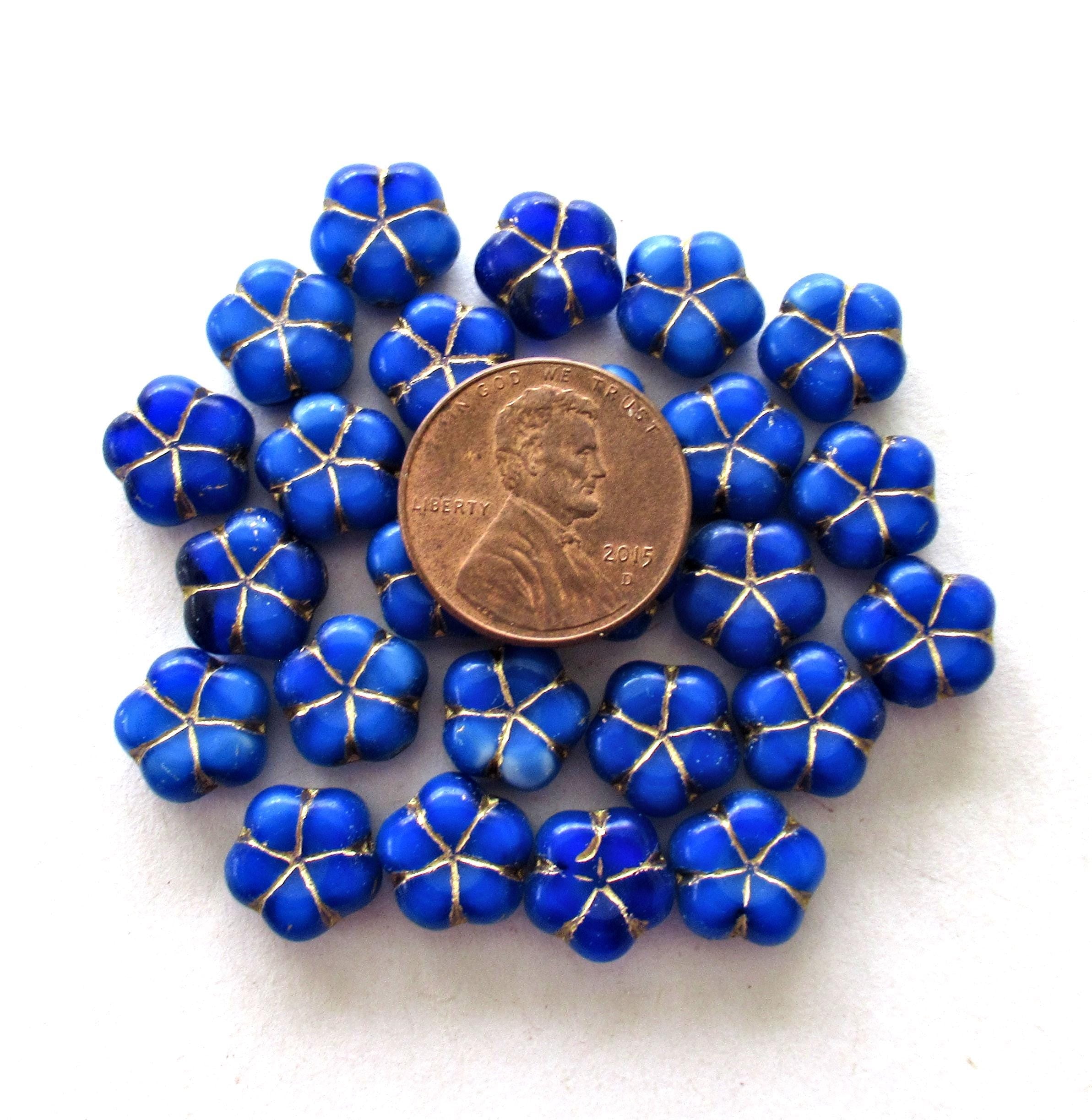 Czech glass flower beads - 10mm - opaque royal blue flowers with gold accents - 15pieces - C00231