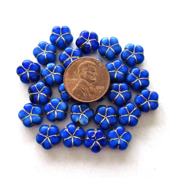Czech glass flower beads - 10mm - opaque royal blue flowers with gold accents - 15pieces - C00231
