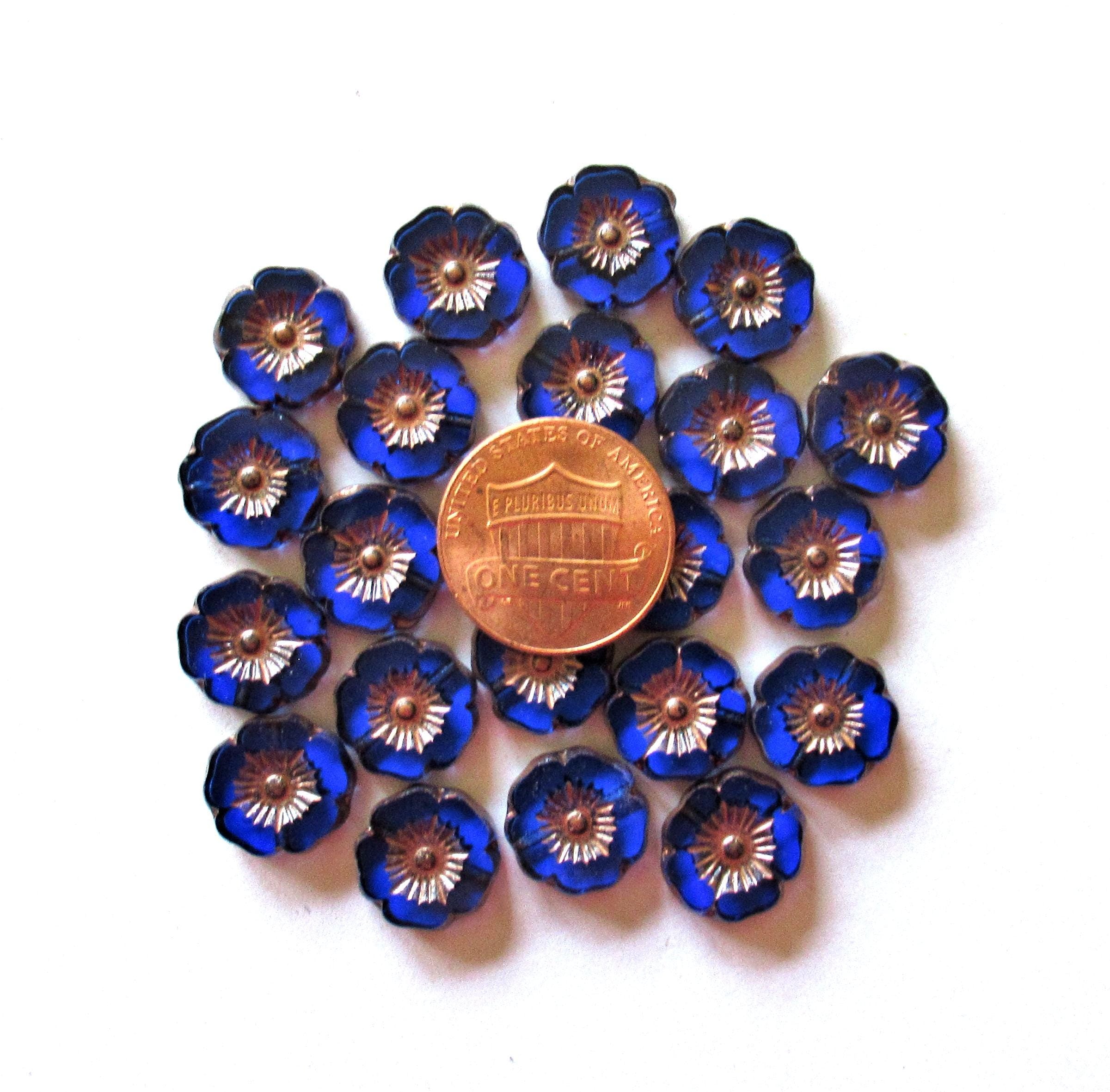 Czech glass flower beads - 12mm - sapphire blue w/ copper accents - table cut carved - Hawaiian hibiscus flowers - 8 beads - C0741
