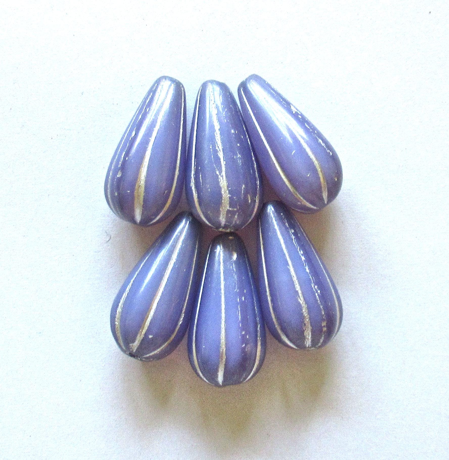 Six large Czech glass teardrop melon beads - milky lavender purple lilac opal w/ silver accents - 22 x 11mm tear drops - 00022