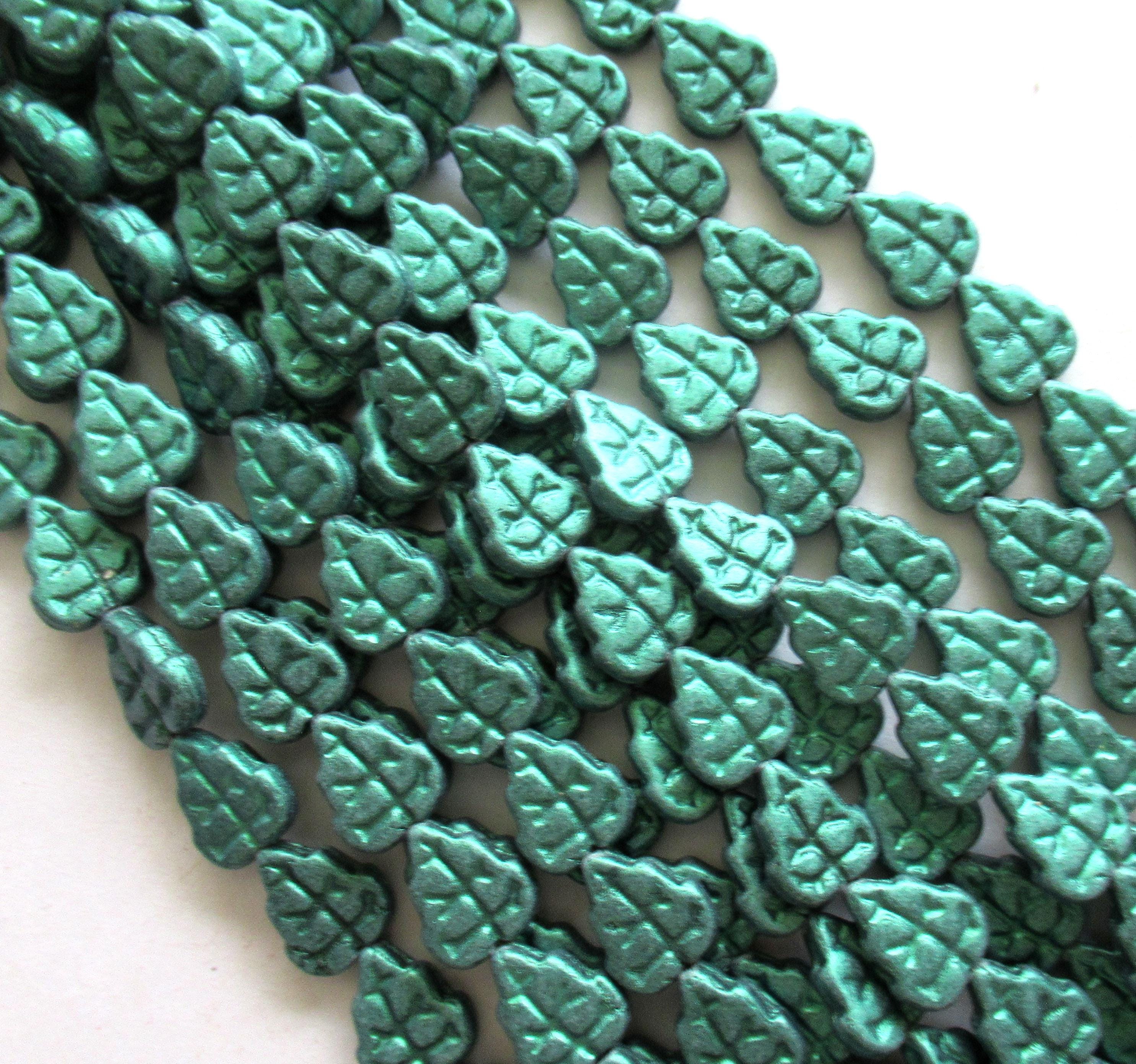 Lot of 25 Czech glass leaf beads - matte metallic suede leafy green beads - 8 x 10mm leaves - C0076