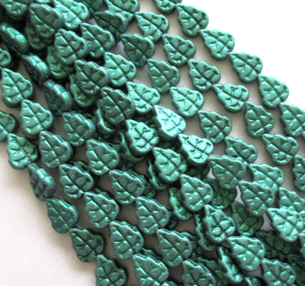 Lot of 25 Czech glass leaf beads - matte metallic suede leafy green beads - 8 x 10mm leaves - C0076