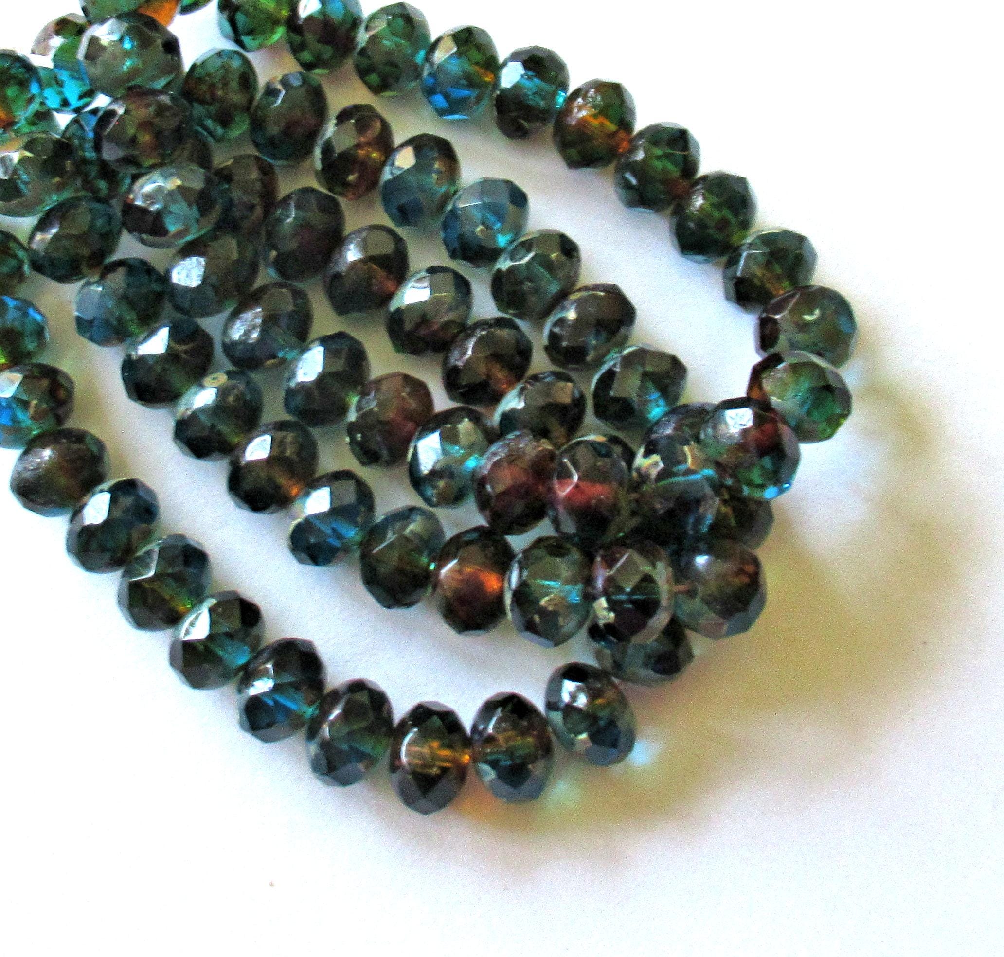 25 Czech glass puffy rondelle beads - 8 x 6mm - transparent teal blue green & topaz brown picasso mix - 57201