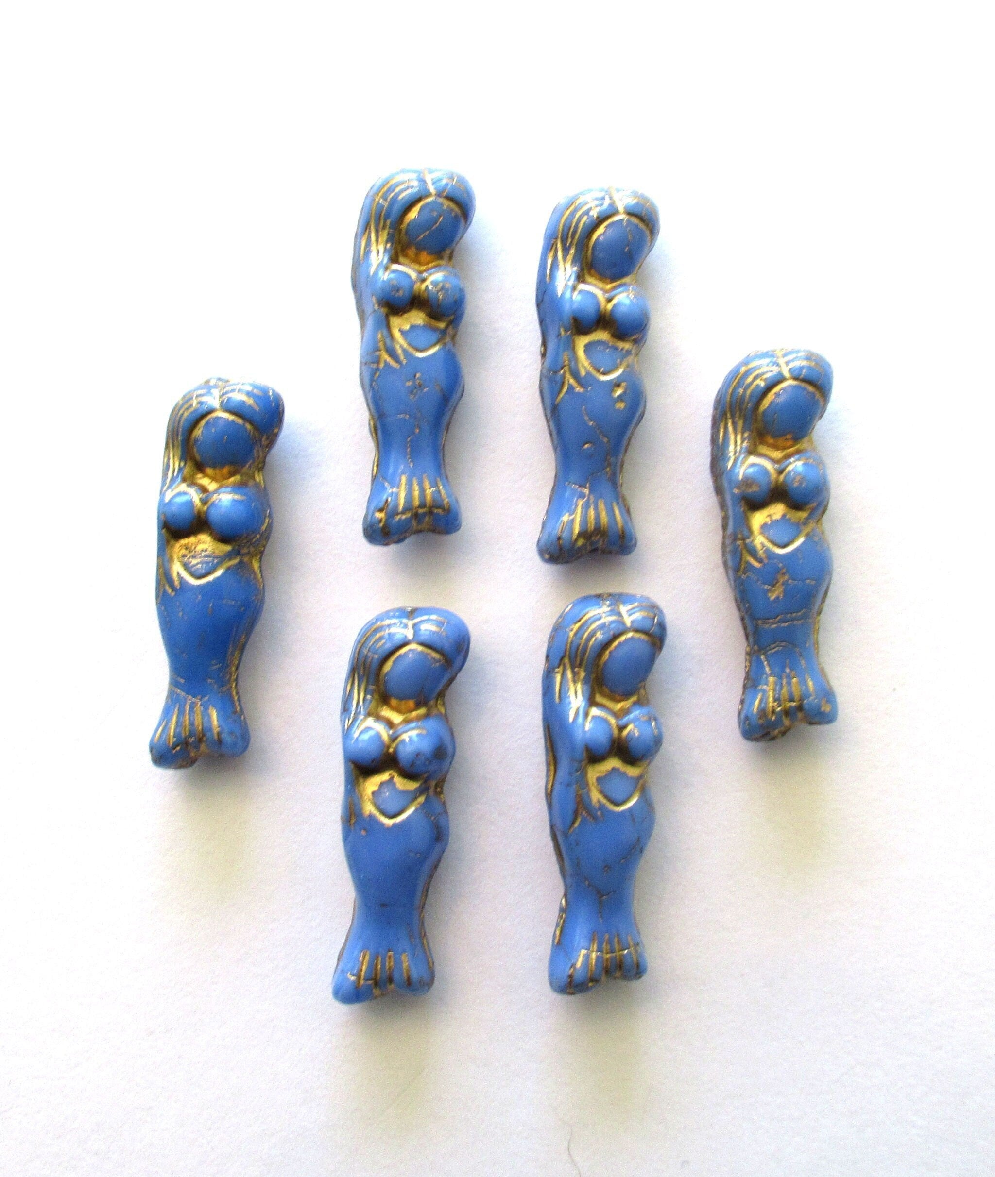 6 Czech glass mermaid or goddess beads - 25 x 5mm opaque periwinkle blue beads with a gold wash - C00442