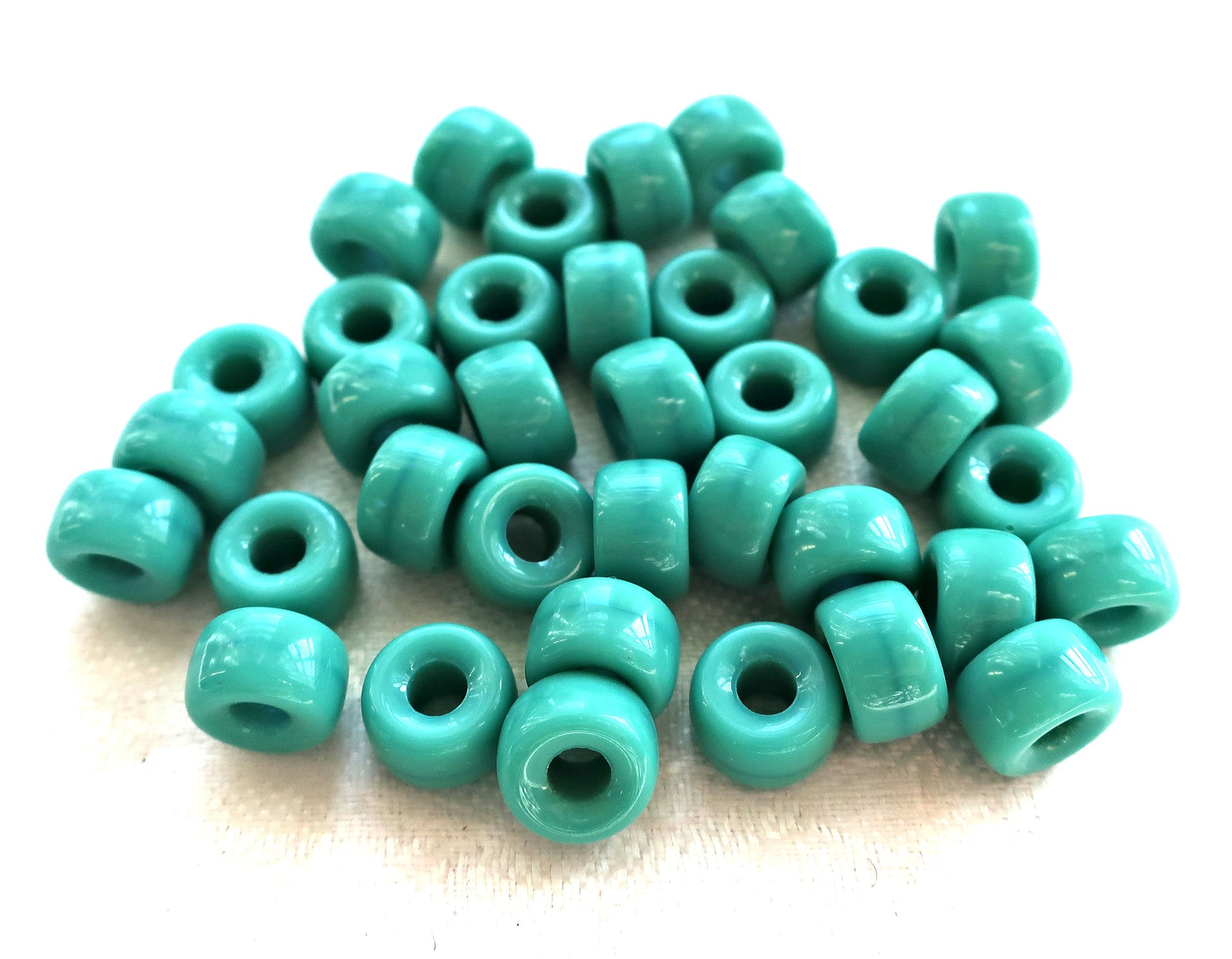 Lot of 25 9mm Opaque Turquoise Blue Green Czech glass pony, roller beads, large hole crow beads, C0097 - Glorious Glass Beads