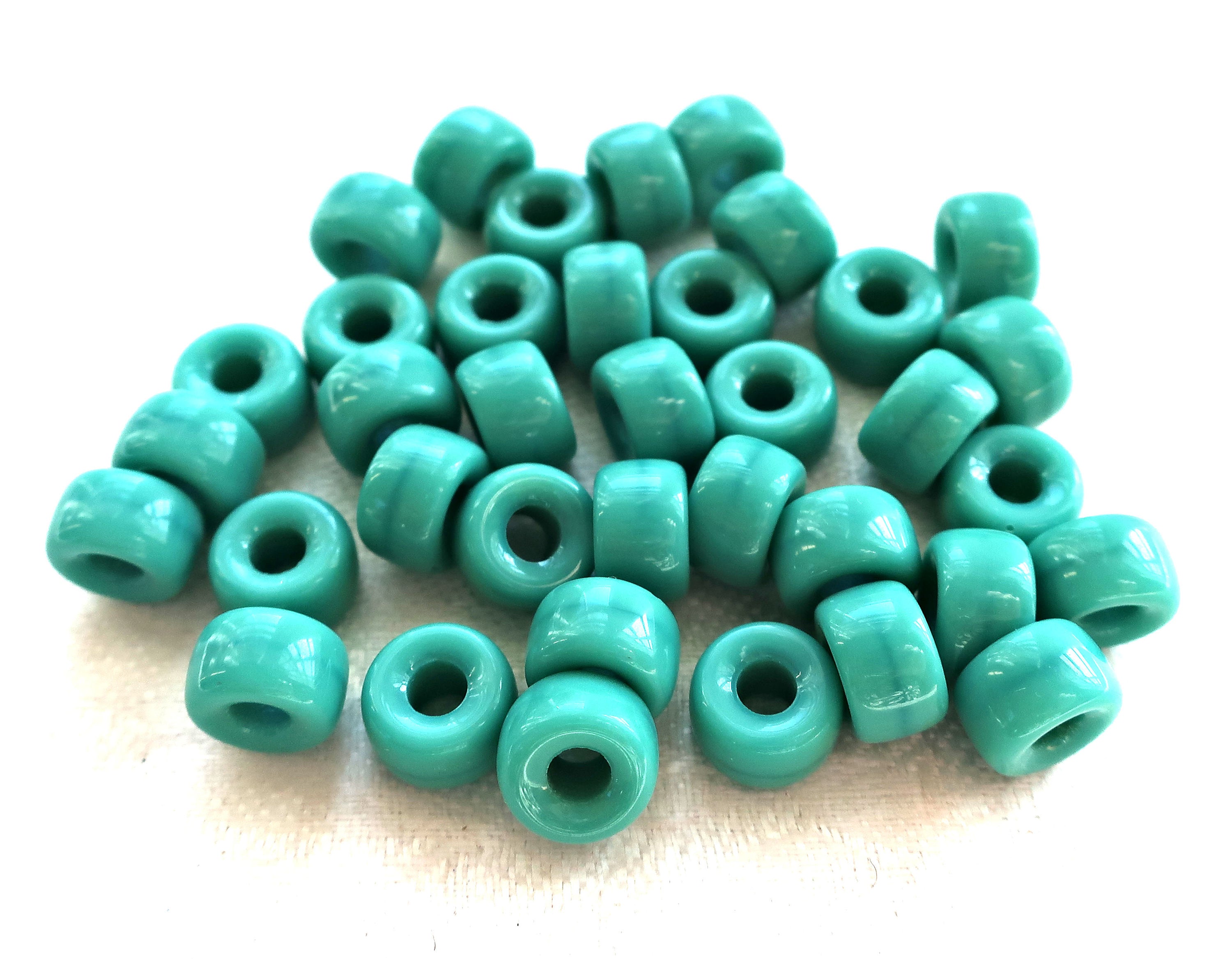 Lot of 25 9mm Opaque Turquoise Blue Green Czech glass pony, roller beads, large hole crow beads, C0097 - Glorious Glass Beads