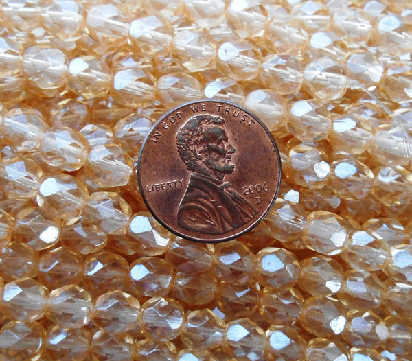 25 6mm Czech glass beads, transparent luster champagne firepolished faceted round beads C6425