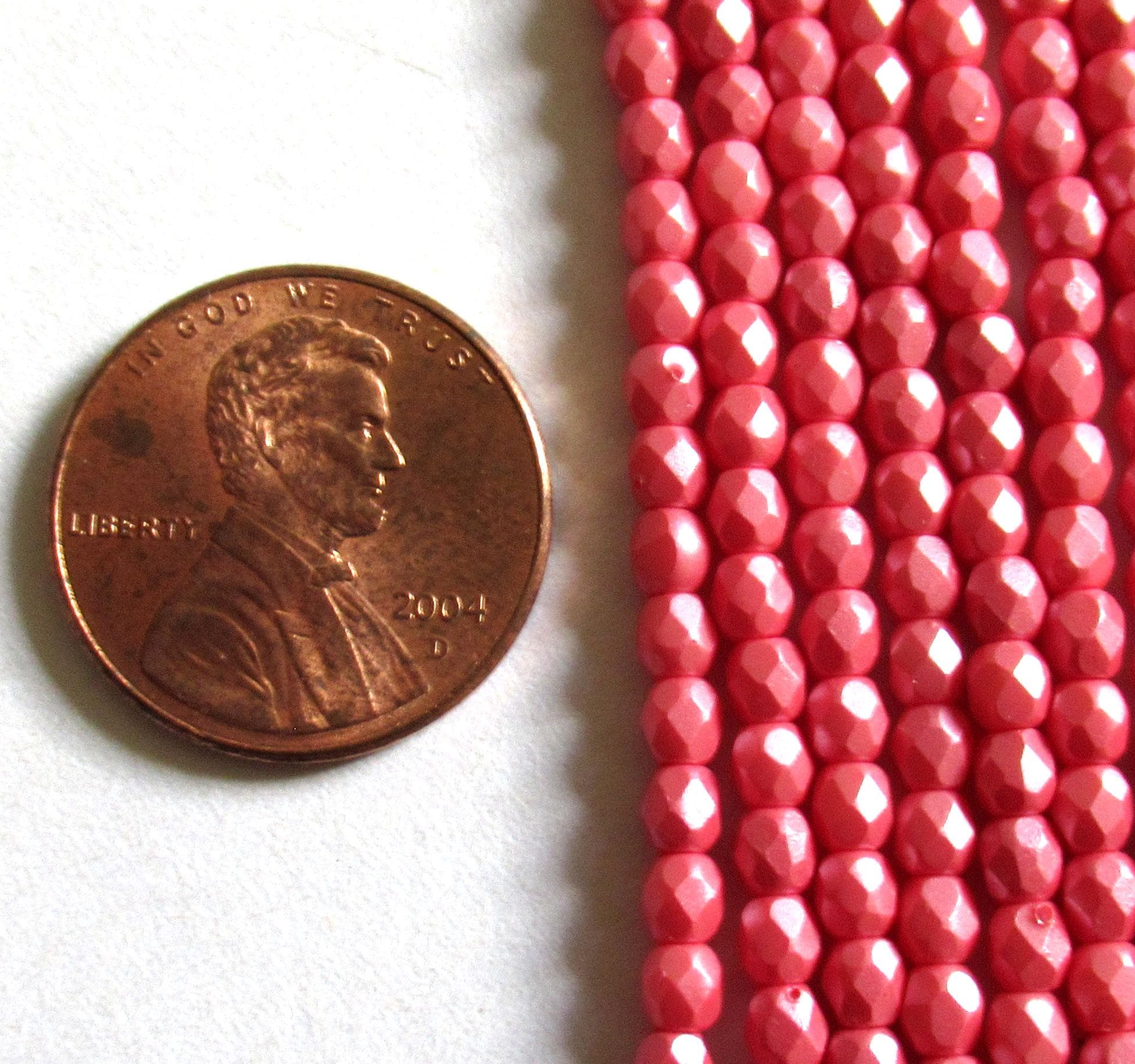 50 3mm Czech glass beads - Powdery Pastel Maroon - opaque deep pink - fire polished faceted round beads - C0086