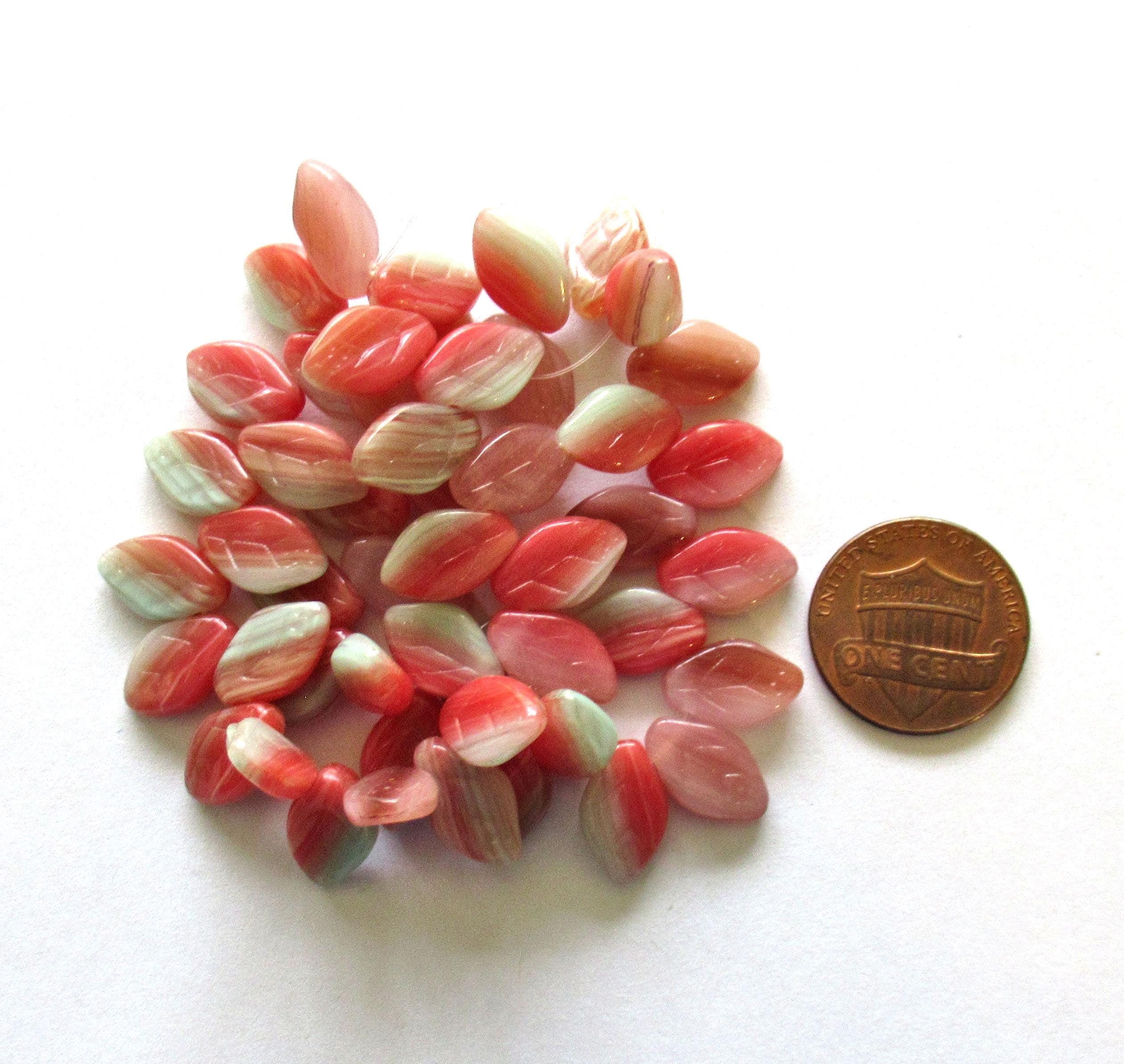 25 Czech glass leaf beads -green & orange marbled mix - 12 x 8mm - side drilled leaves - C00501