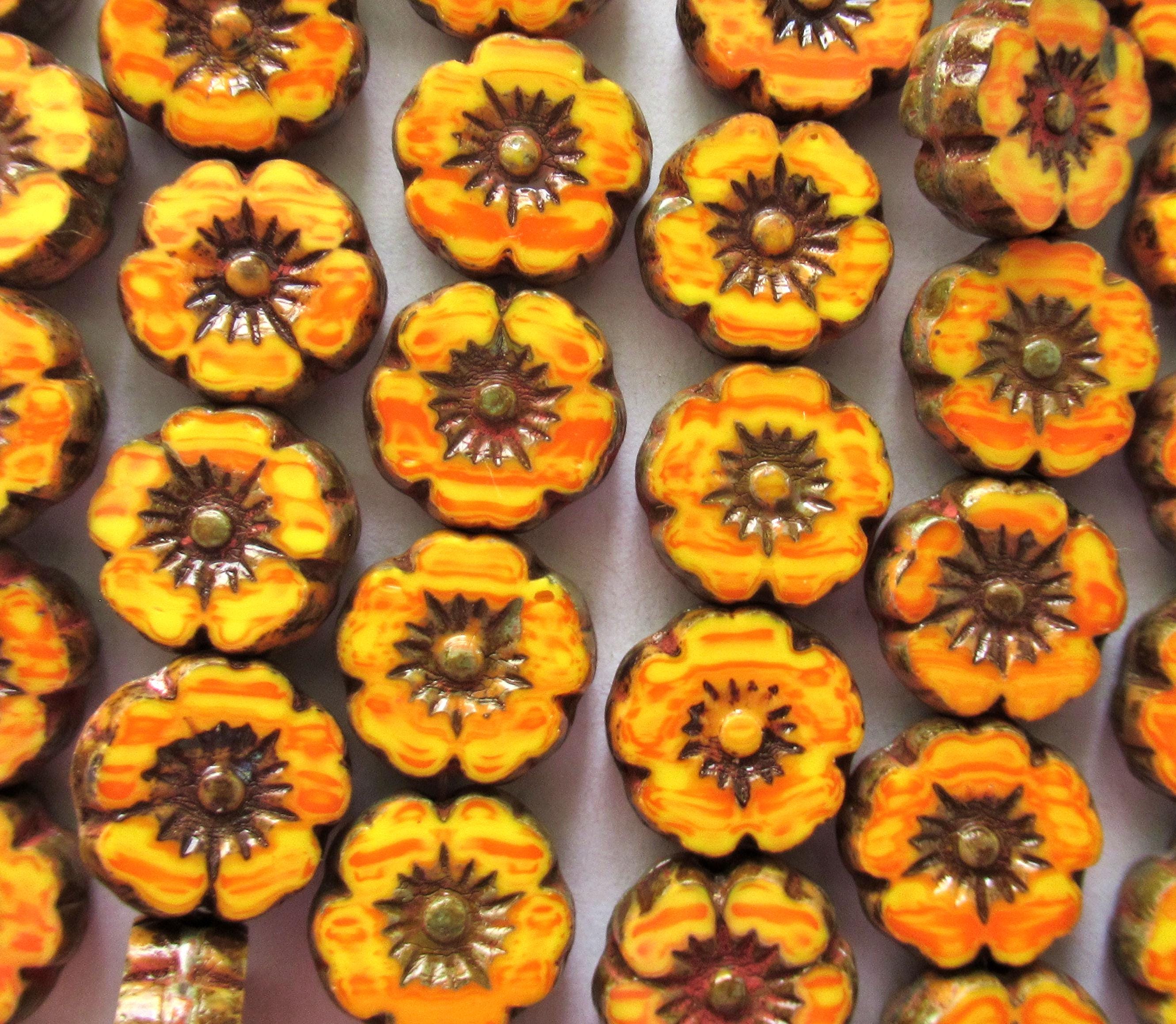 Lot of 15 8mm Czech glass flower beads - marbled opaque orange and yellow - table cut carved Hawaiian flower beads C00311