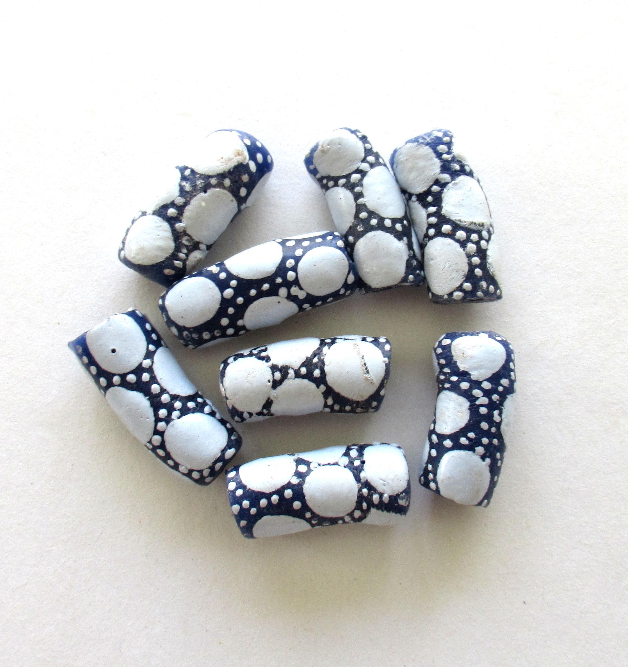 5 African Ghana glass curved tube beads - dark blue beads w/ light blue dots - 25 - 23mm by 9 - 11mm - big hole rustic beads - C00251